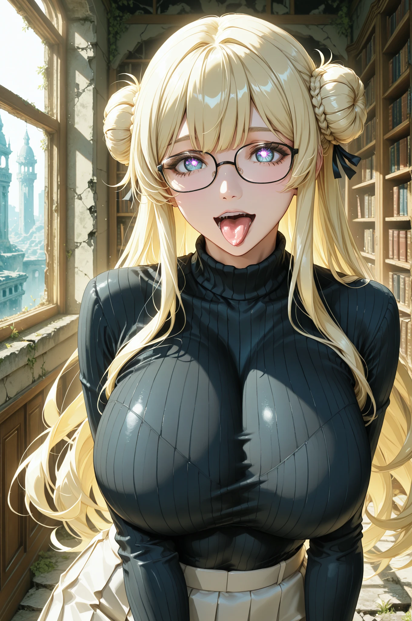 ((pen sketch style)), 1girl, solo, ink, detailed face, puffy lips, ((gothic make up)), ((black lipstick)), twintails, (teacher)), ((masterpiece)),(((best quality))), ((glasses)), ((tsundere)), ((angry)), ((long hair bangs)),defined cheekbones, high cheekbones, illustration, (gigantic breasts:1.7), ((skindentation)), ((rope over breasts)), scribbles and marks,(puffy lips:1.4) , )beautiful woman, sketch, gigantic breasts, frilled dress, cleavage, seductive smile