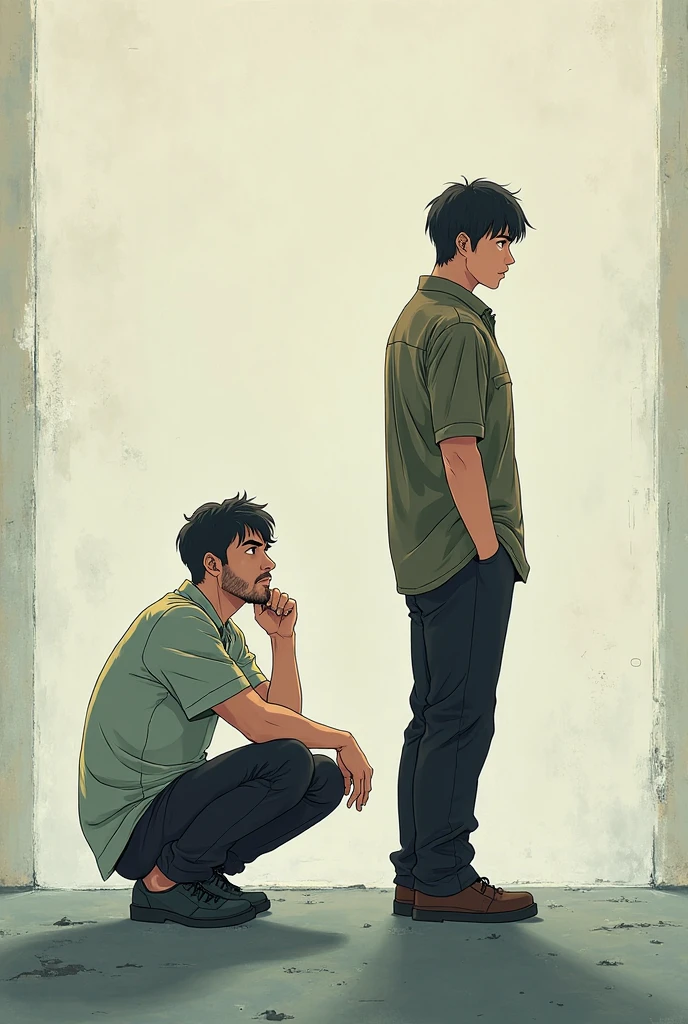 In the tomb, two men lean their backs against the coffin