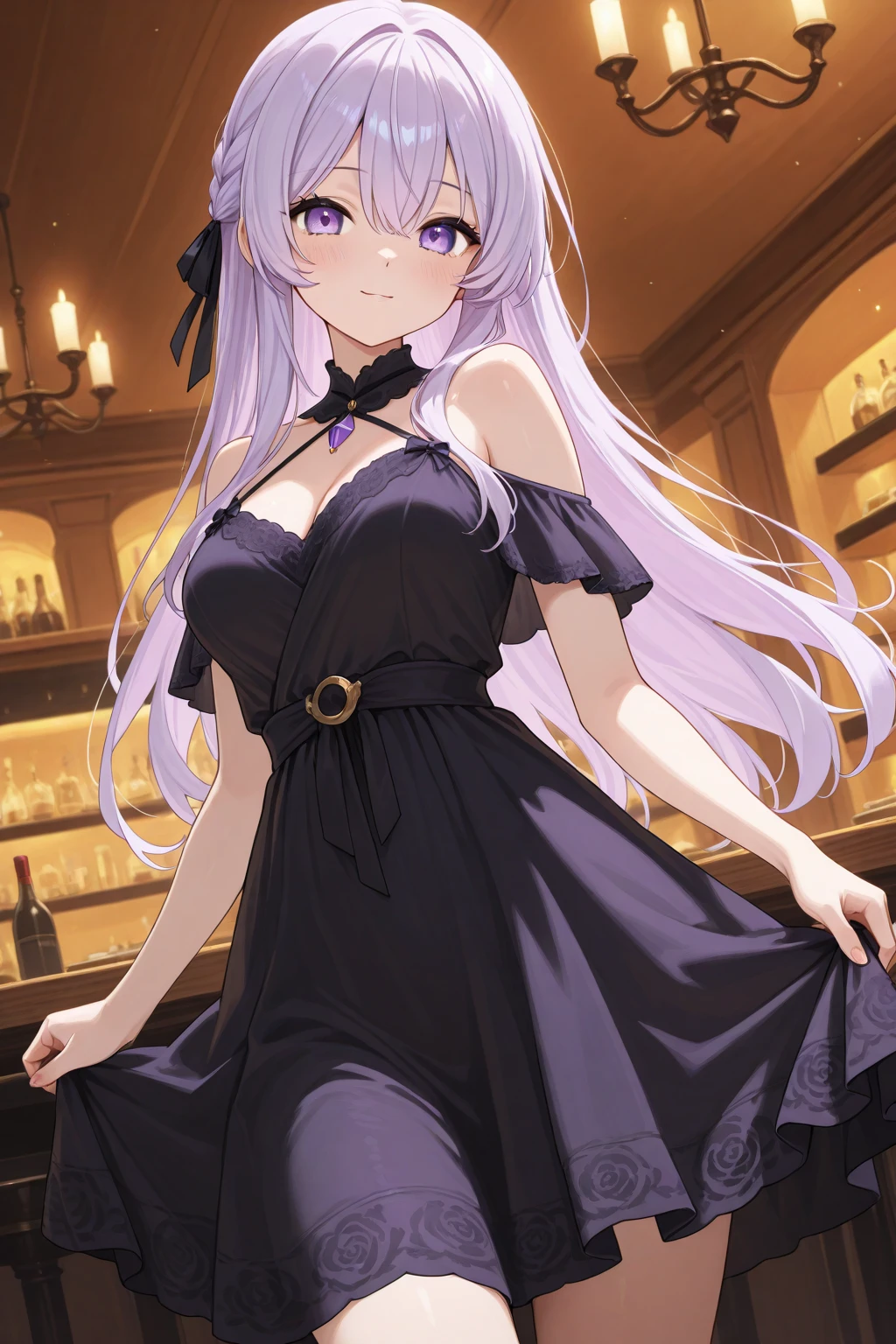 best quality, highres,ultra-detailed, solo_focus, <lora:Emilia:0.6>, Emilia, purple and blue dress, drunk, messy_hair,