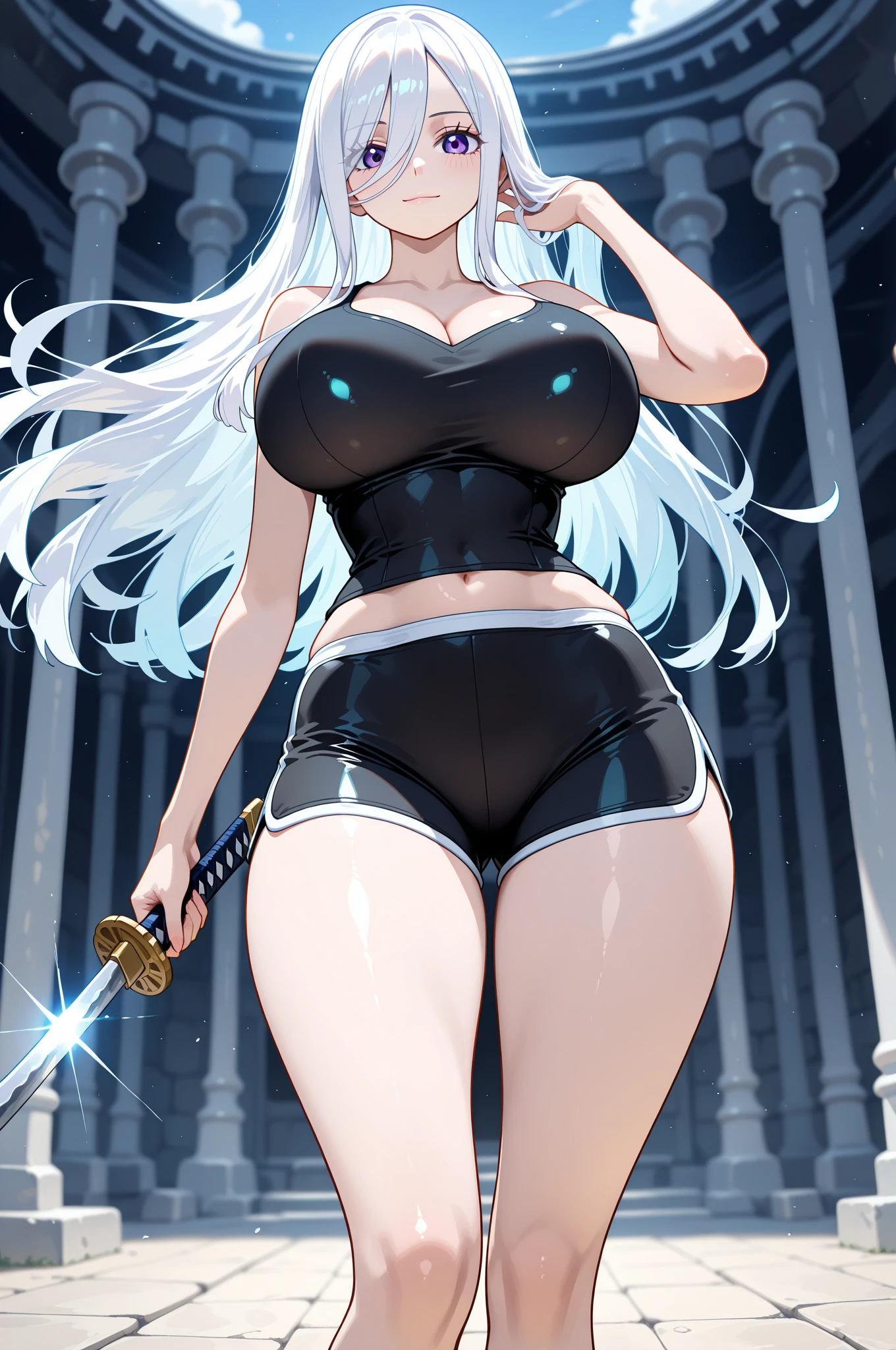 Weiss schnee, 
(platform_heels:1.5), posing, (shorts:1.5), (bikini_dop:1.5), 
White hair, blue eyes, Very Long Hair, ponytail, 
1girl,Beautiful Finger,Beautiful long legs,Beautiful body,Beautiful Nose,Beautiful character design, perfect eyes, perfect face,expressive eyes, 1girl
looking at viewer,(full_body),(Focus on her face),
official art,extremely detailed CG unity 8k wallpaper, perfect lighting,Colorful,shiny skin, 
(masterpiece:1.0),(best_quality:1.0), ultra high res,4K,ultra-detailed, 
photography, 8K, HDR, highres, absurdres:1.2, Kodak portra 400, film grain, blurry background, bokeh:1.2, lens flare, (vibrant_color:1.2)
(Beautiful,huge_Breasts:1.8), (beautiful_face:1.5),(narrow_waist), wide hips, massive lips: 1.3) and (huge lips:1.4) (silicon lips:1.3) and (parted lips:1.3) and (lips filler:1.3), (thick lips:1.3), wide hips, (huge_ass:1.4)