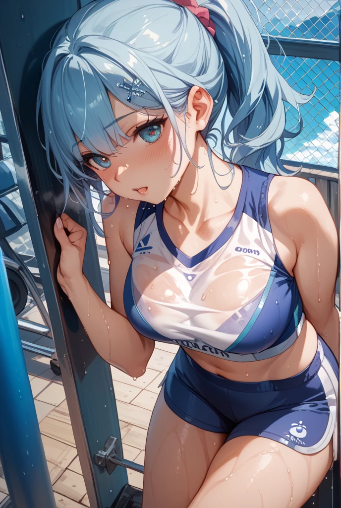 masterpiece,best quality,best resolusion,1 girl,2heads,shiroko character,detailed,conjoined twins,has two wolf ears on top of the head, has a round blue circle of light,short silver hair,blue hair ornament,blue eyes,wearing a tight dark blue women's swimsuit,normal breasts,beach background,beautiful face,beautiful eyes,beautiful body,beautiful hand,beautiful hair, (running:1.4), (jogging:1.4), (extremely muscular:1.8)