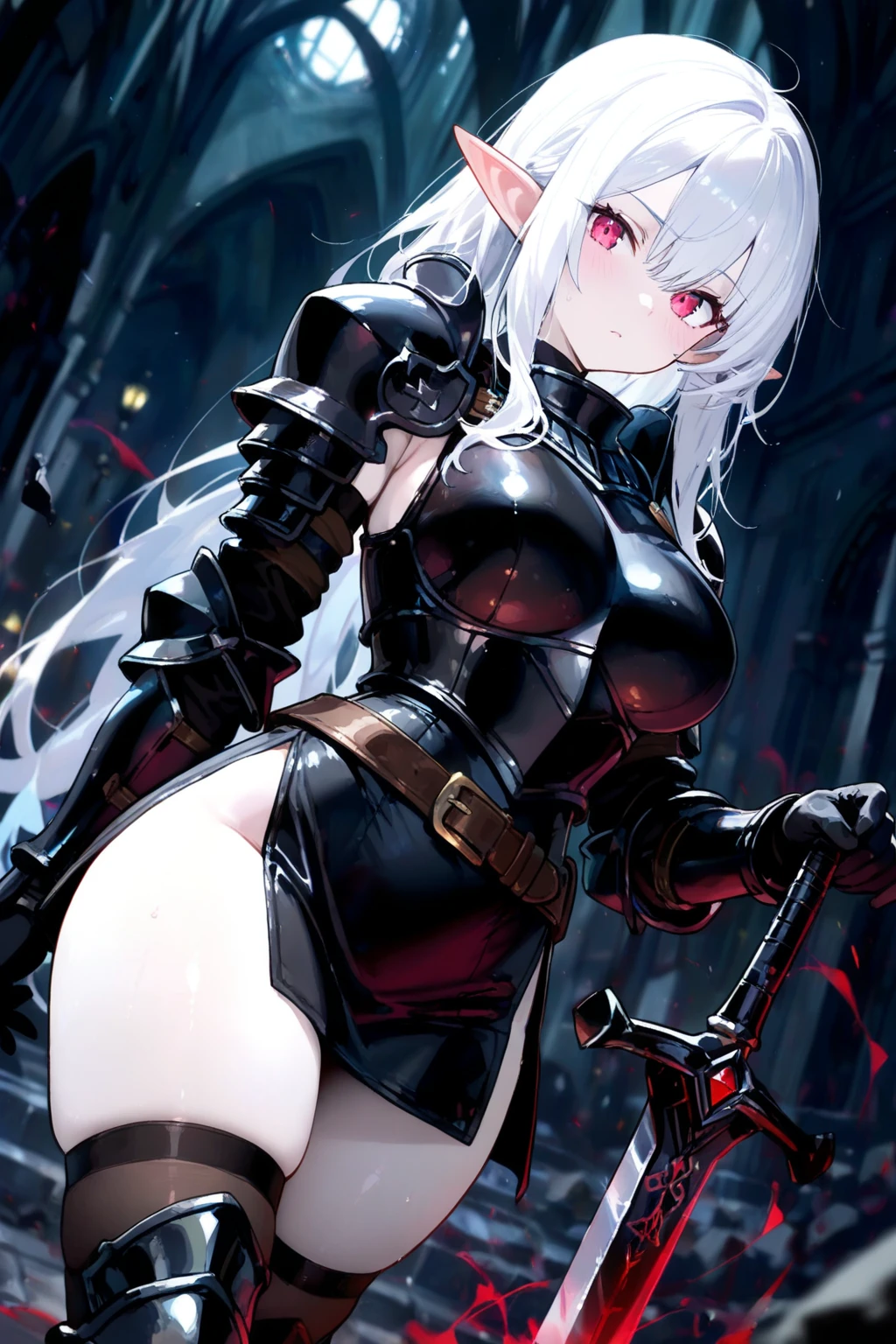 ((masterpiece)), ((best quality)), girl, ((beautiful body)), fair skin, ((head forward)), very long straight hair, ((white hair)), ((effect highlights in hair)), full sexy plate armor, ((details on armor)), ((torn back cape)), eyebrow, ((perfect)), thin waist, ((thick legs)), ((thigh big)), ((big ass)), ((background scenery)), ((medieval world)), ((battlefield)), (war), ((by night)), (moon), pov , back to back, flushed, lustful,