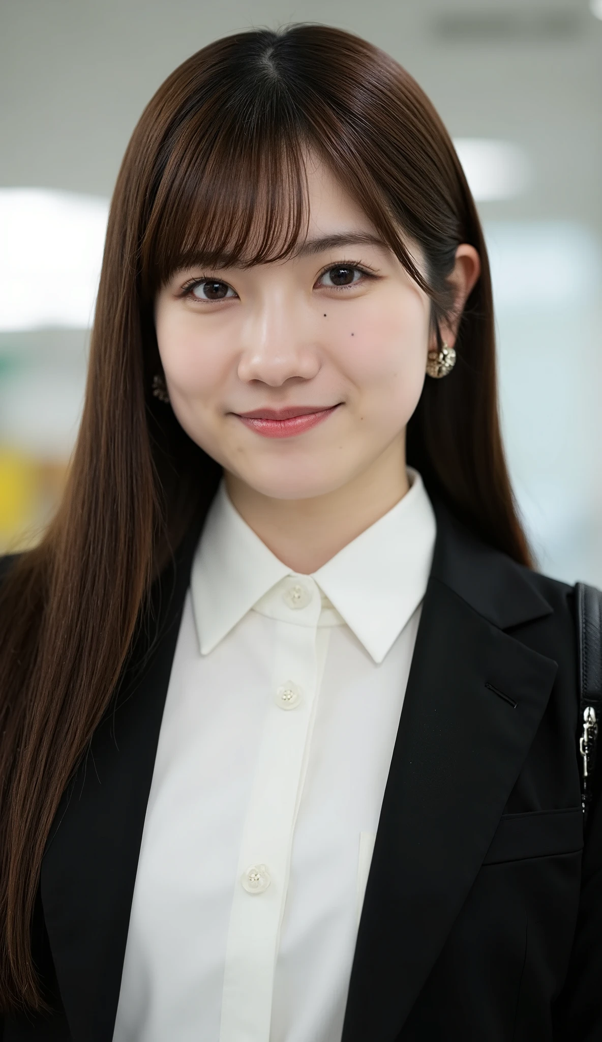 Neat Young Woman、and look at the camera、office lady suit、jacket、shirt、necklace、、ear piercing、、Has bangs、smile showing teeth、薄い茶髪、Bust Up Shot、background is office