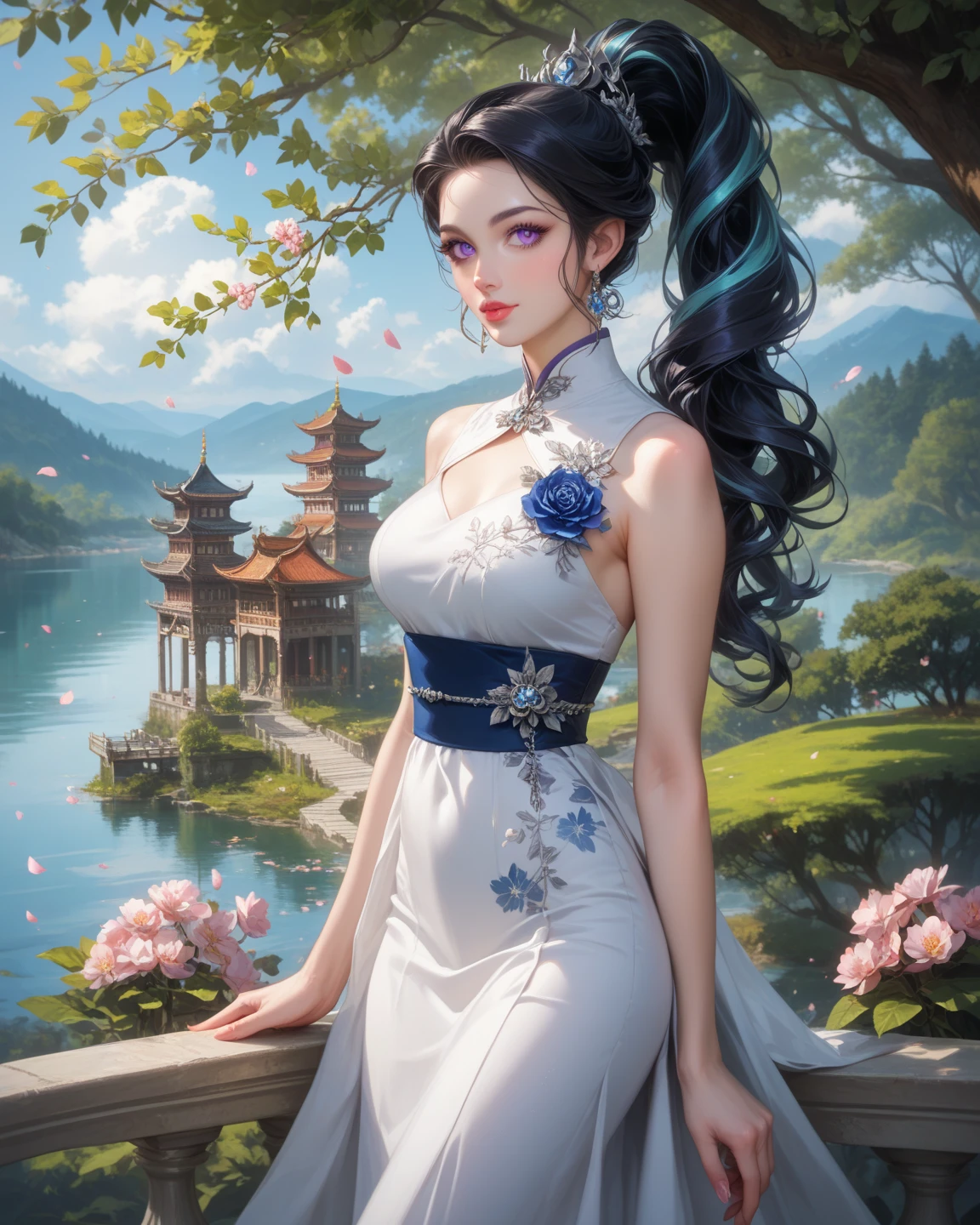 tmasterpiece，best qualtiy，8K，primitive：1.2，realisticlying：1.4，Grotesque，1 Role，Solo，ff Tifa，Most detailed，opens his eyes wide：1.3，eyes reflection：1.5，eyes with brightness：1.5，White skin，（Chinese cheongsam in blue and flowers，side splits，（（（lace-up））），Chinese tiara，Blue and white porcelain），Plum print，Slim，Thin leg，Hunched back，Cocked buttocks，Armpits，Moon，Updraft，rays of moonlight，Beautiful ancient Chinese architecture，Chinese style，（back）
