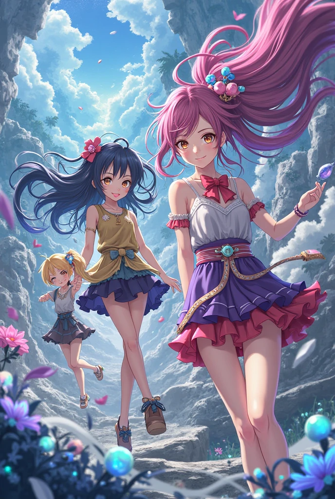 Highest quality,A colorful fantasy world,Two women walking hand in hand,Ai Fukuhara,Pink Dress,long hair of dark purple color,Flower crown,Large breasts,Rainbow Road,Iridescent tree々,A sparkling river flows,A unicorn is running around in the background,Fairies flying in the background,Black-haired woman