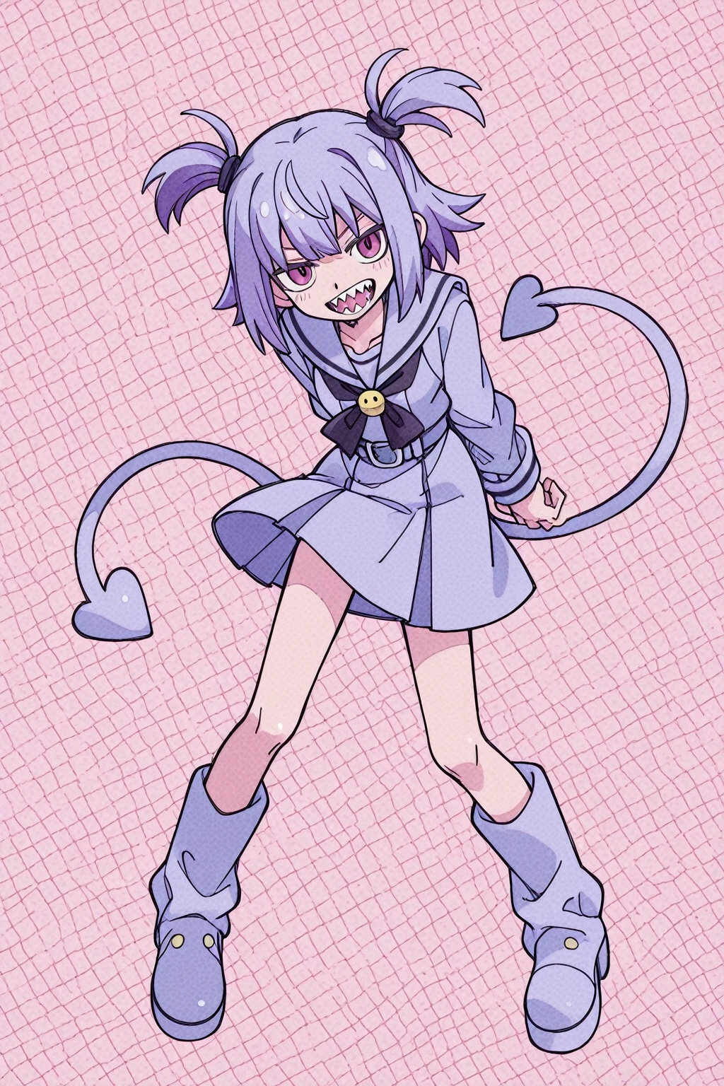 1girl, loli, solo,elf ears, heart shaped earrings, heart shaped pupils, short hair, ((purple hair)), a pink streak on the bangs, ((a gap between the teeth)), Long black t shirt, long sleeves,
shorts with chain, full body,((fangs))