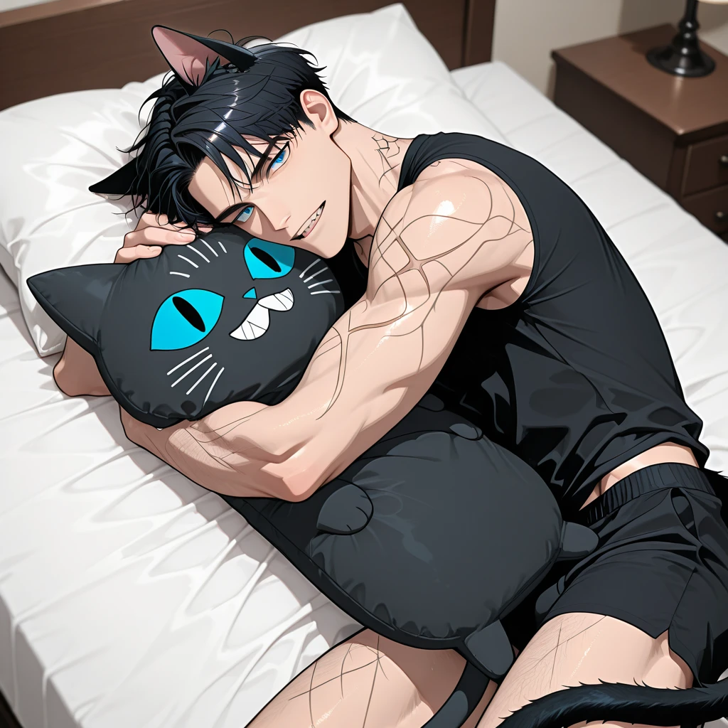 spider verse oc, male, 15 year old, long black hair. deep blue eyes, sleepy eyes, cat eyeliner, soft crimson blush, muscular body, smoking, rose tattoo on the side of the neck, soft red lips, spiderverse comic oc. hair doesn’t cover eyes or face. black kitty cat. full body pose, holding a kitty cat against their chest. wine red power. hair reaches his chest. spiderverse comic. semi realistic art style. marvel comic panel, sitting on his bed listening to music throug AirPods