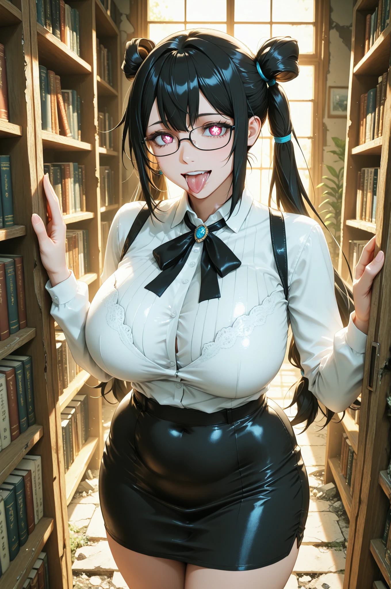 Cleavage, teenager, big chestBlue and black hair, spectacles, crack in chestlong hair, chair, blush, cleavagequiet, shy smile, necklace, hands on lap, blue long sleeved blouse, arm on table, arm wrestling, hand up, hand towards viewer, elbow on table, , cafe, ultra-detailed, absurdres, unreal engine, masterpiece, best quality, beautiful eyes, volumetric lighting, silky_hair), best quality, ultra-detailed, solo, looking at viewer, highres, 8k wallpaper, extremely detailed, smooth lighting, 8k, depth of field, masterpiece, cinematic lighting,
