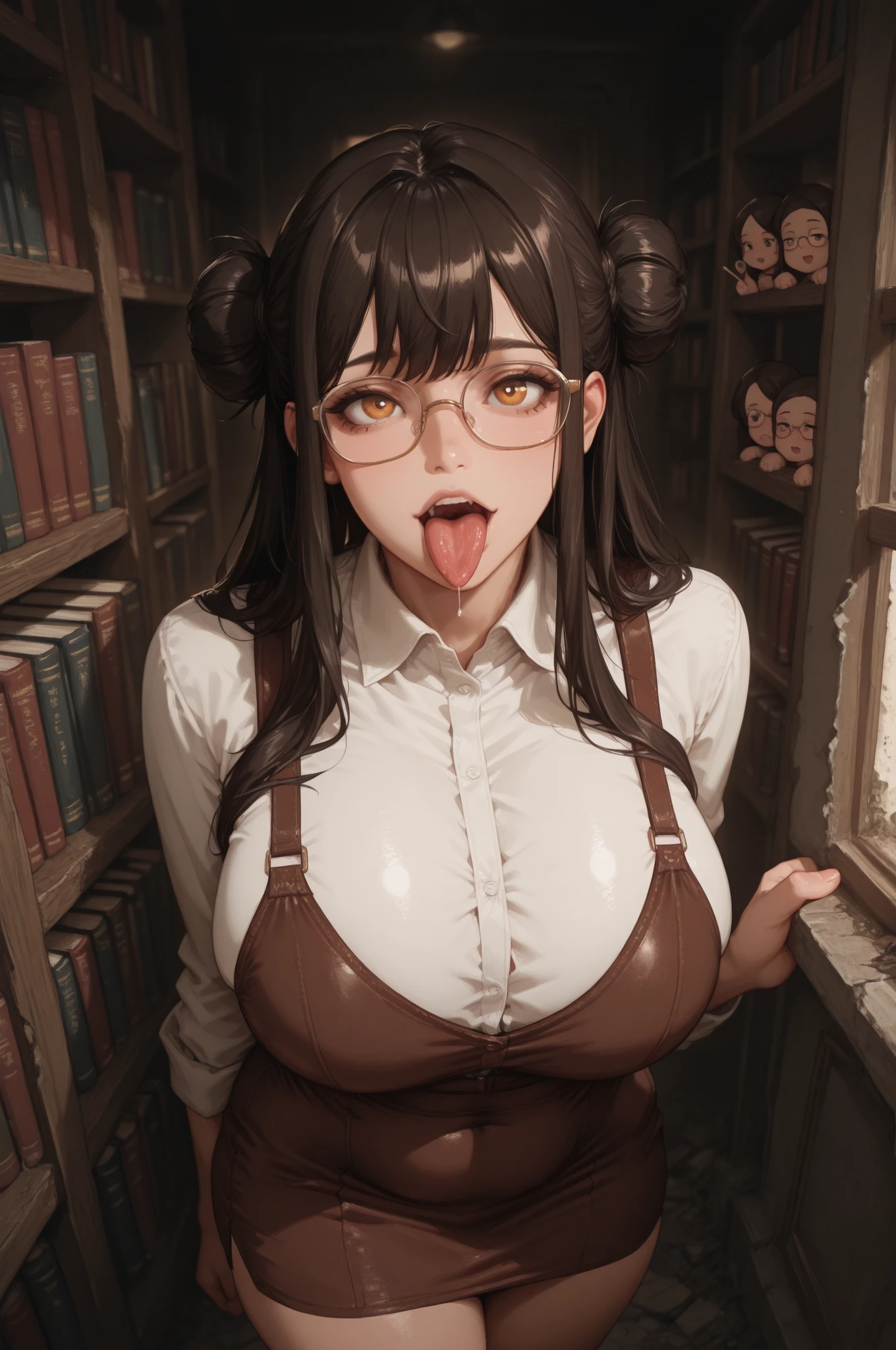 16K Ultra High Definition
Super detailed
The best of the best
Shiny detailed hair
Beautiful human woman with long hair
Super Big　plump meat
Black and white cow print kimono
Cow ears and cow small horns
Shiny skin
Red cheeks
Moisturized eyes
Wearing glasses
Reading a book at a desk
Rich breasts on desk on library background