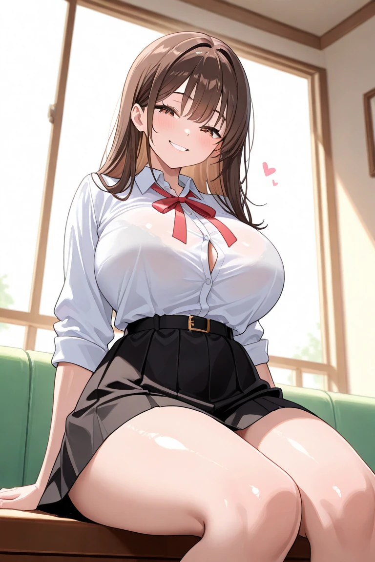 best quality, Solo breasts, Big Ass, very curvy, Bangs and long ponytail, Walnut Brown Eyes, Full lips, Tempting, Smile著, Naked white ties tied into a knot, Plaid skirt, bracelet, Thick thighs, Curvy physique，Smile，Blushing，In the bedroom