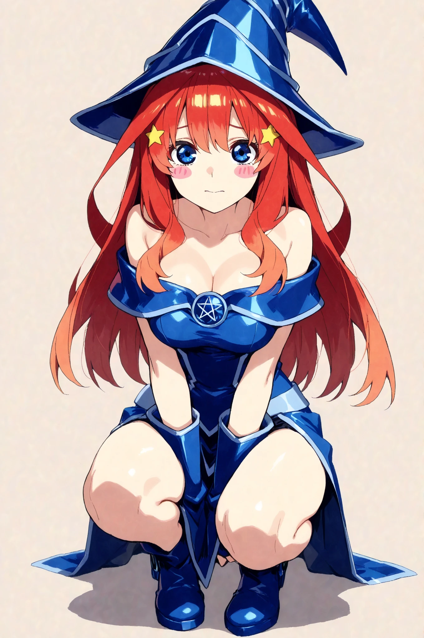 ultra-detailed, Explicit, Beautiful body, Beautiful Nose, Beautiful character design, perfect eyes, perfect face, ultra highres, 4K, beautiful legs, perfect legs, Nice hands, Perfect hand, Masterpiece, Best Quality, Highly detailed, illustration, absurdres, perfect anatomy, expressionless, blank eyes, emotionless,corruption, mind control, female combatant, full body, hypnotized, unhappy trance, full body suit, ribbed bodysuit, both arms at side, obey, perfect female body, looking at viewer, hypnosis, hypnoLora, empty eyes, Mind control device, poses, submissive_pose, Slave, standing straight, standing, Fighting Stance, standing at attention, numbersuit, two-tone bodysuit:0.9, blue bodysuit:0.9, light blue bodysuit:0.9, 1girl, solo, hair ornaments, TOPSPD, TWIN BRAIDS, long hair, orange hair, blue eyes, medium breast, witch hat