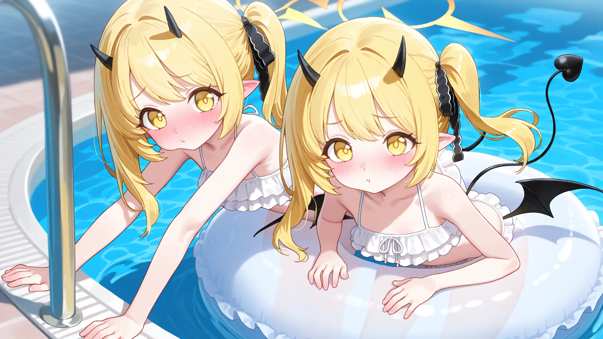 ((Best quality, 8K, Masterpiece: 1.3, 1girl, Beautiful girl)), cute, Dynamism, Detailed face, Detailed skin, detailed clothes, Detailed eyes, Detailed lips, Detailed tongue, Detailed fingers, Detailed mouth, Photorealistic, Raw photo, highres, Natural lighting, dynamic pose, perfect anatomy, toned legs, double eyelids, tear bags, round eyes, moist lips, sweaty, blonde hair, rainbow hair, horns, blush, ecstatic face, steam:1.2, fog:1.2, (tropical ocean, japanese clothes), wet clothes, sheer wet, in the bath, looking at viewer