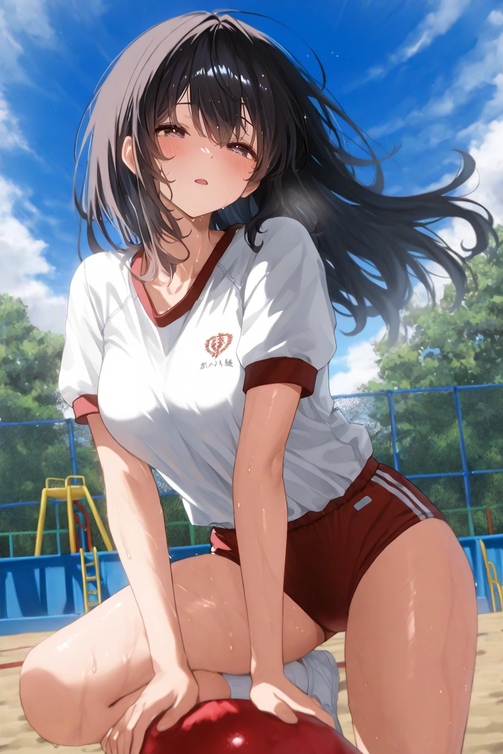 masterpiece, best quality, highres, hmkh1, buruma, short sleeves, white shirt, gym shirt, breasts, <lora:kishinami_hakuno_v1:0.7>, cowboy shot, standing, playground,