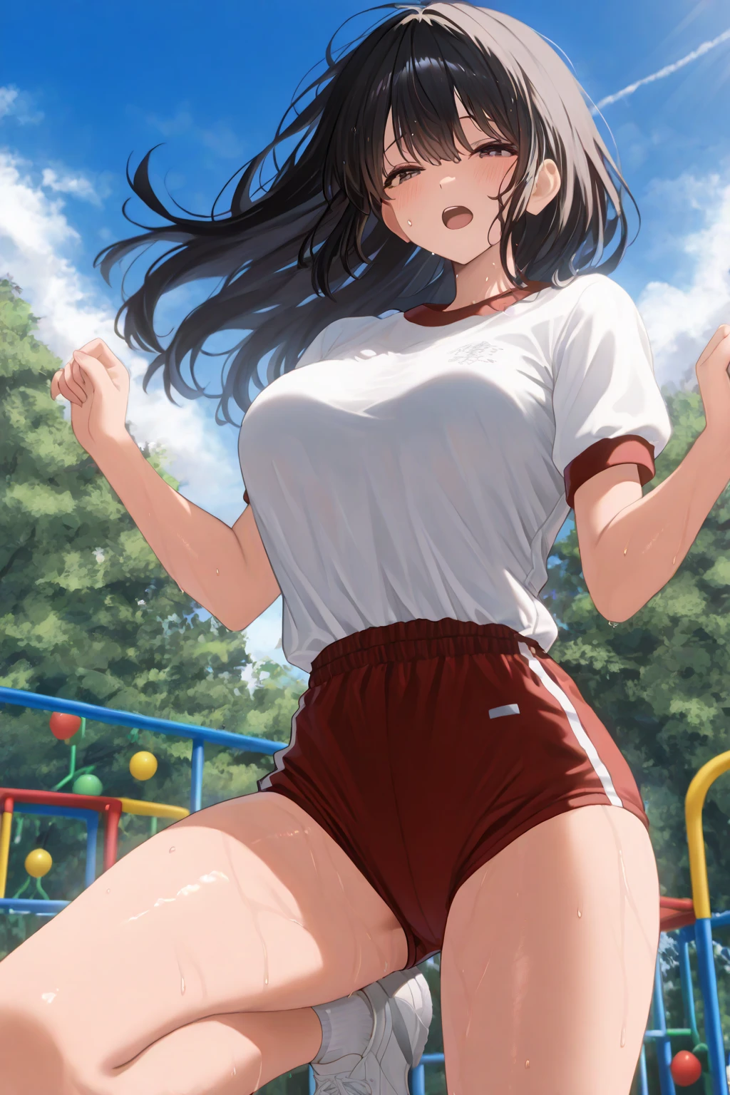 ((masterpiece,Highest quality:1.3,best quality illustration)),((realistic:1.2)),cowboy shot,独奏,1woman,18 year old beauty、black hair,short bob hair,(center parted bangs),black eyes,(gorgeous big eyes),((very small head:1.4)),shy,smile,((slender body:1.2,skinny)),(tan skin:1.4),small breasts,(White tank top、school gym red buruma),gleaming skin,oily skin,slender body,sweat,arms up,Show off your armpits、playground、Schoolyard、School、Tokyo、