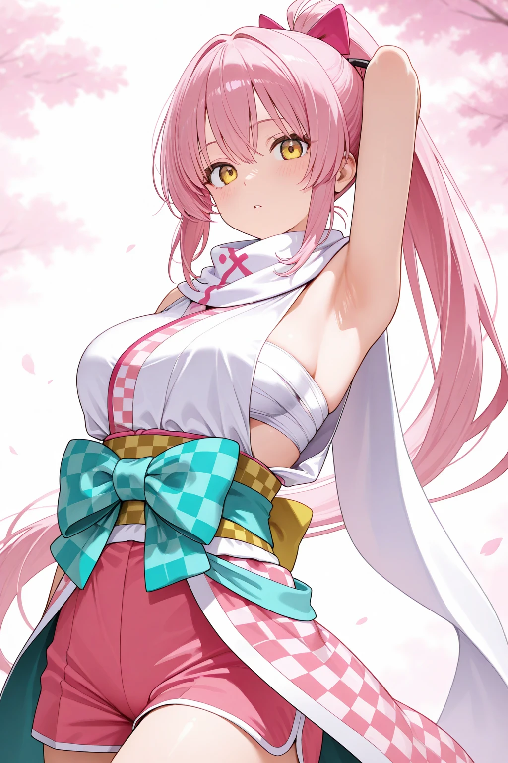 masterpiece,highres,Sakura Miko,1girl,pink hair,green eyes,(Side-tail1.5),miko custom,shoulder,side boobs,upper body,endured face,nose blush,sweating,side boobs focus, shoulder focus,armpit,upper body,side view,looking at viewer,under cherry blossom,five fingers