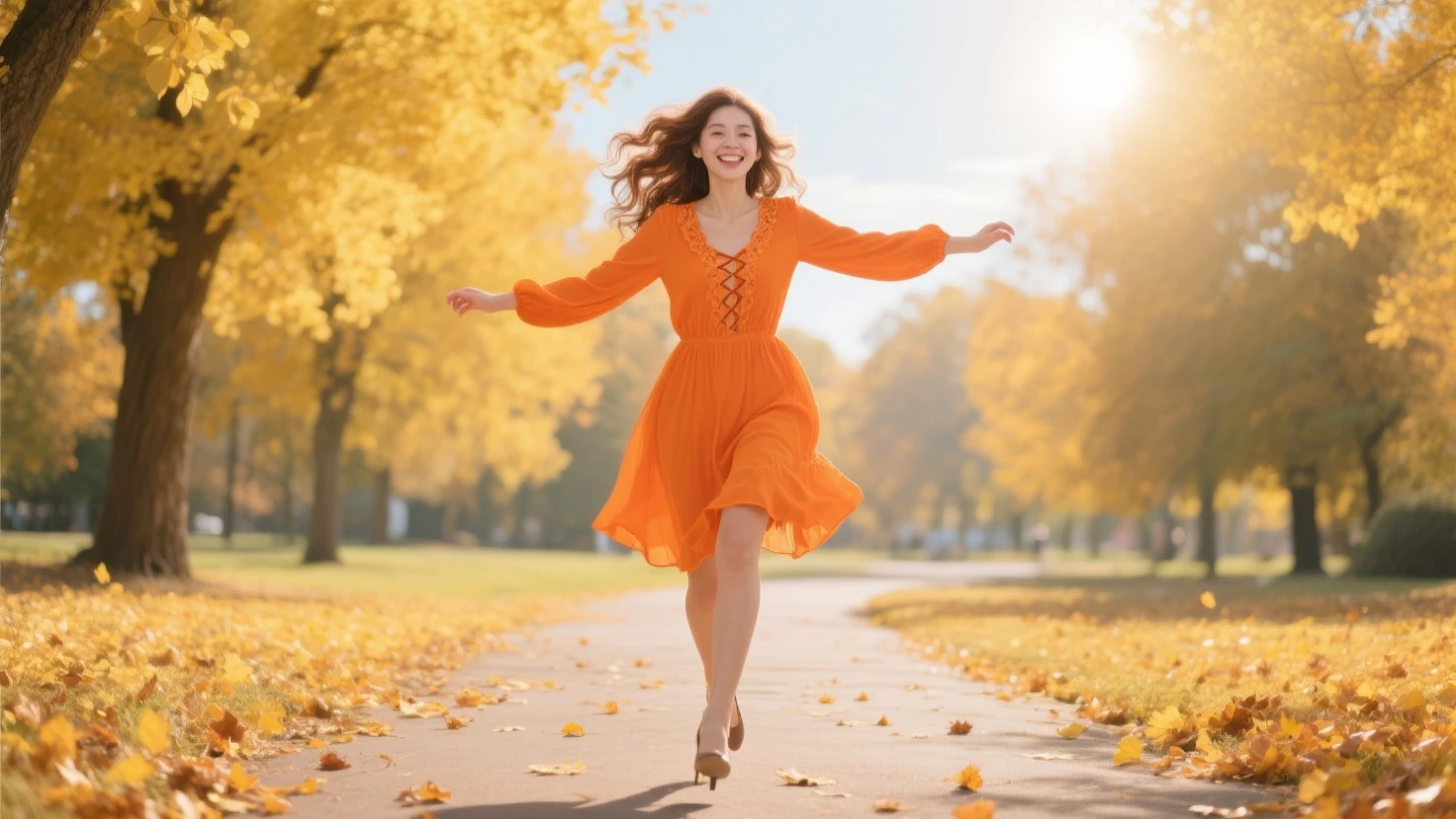Woman on her back with open arms jumping happily, light blue dress, Light brown bun hair, dry leaves on the ground and falling 
