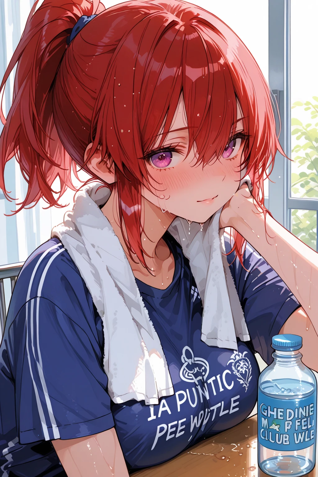 score_9, score_8_up, score_7_up, score_6_up,floox style,surtr, arknights, red hair,big breasts,,collarbone, jacket,purple jacket, purple track suit, sportswear, standing, steam, steaming body, sweat,, track jacket, track pants, track suit, outdoors, pours water on face, water bottle, solo, face focus, purple eyes, facial, head up, spilling, cum on face