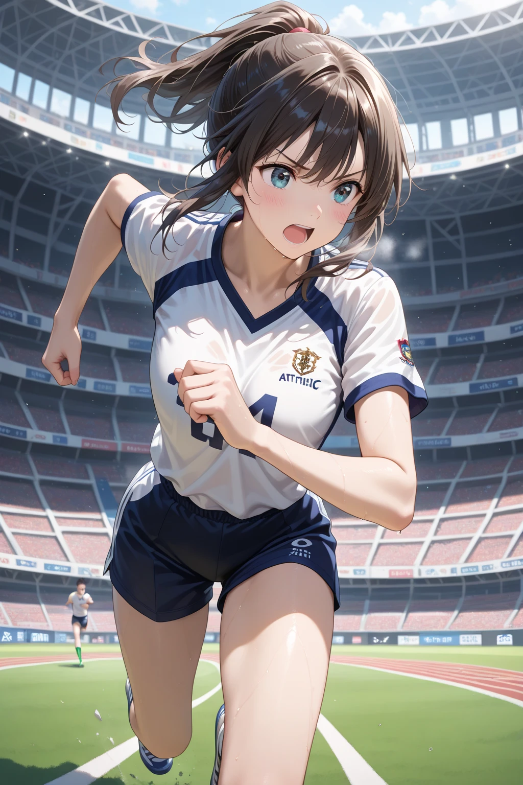 Did G, One girl, Front view, stand, Looking at the audience, Exposed Skin, (From below),Brown eyes, (Brown very short hair:1.2), (bright hair), (Medium chest:1.4), Smiling with white teeth, (Photorealistic:1.4), (Best image quality:1.0), (Ultra-high resolution:1.0), 8k, Raw photo, (masterpiece:0.2), Athletics uniforms, Show off your abs, (Sweat, Wet:1.1), Portrait, Face Focus, Full Body,(Purelos Face_v1:0.5), Outdoor, Athletics,