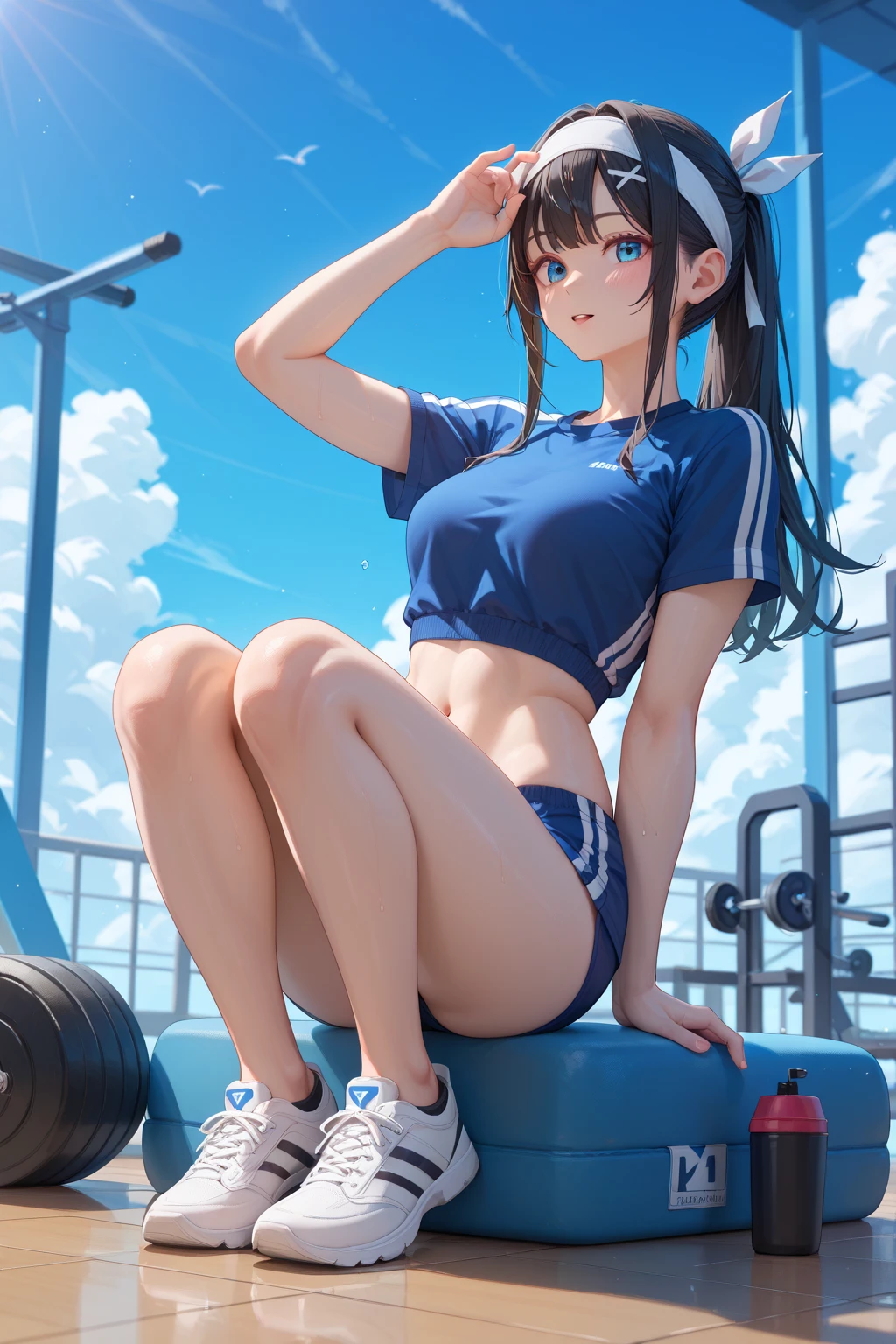 (short cute girl，small young student，young delicate girl）,（masterpiece，Top quality)，long black hair，Light blue sports bra，amusement park，pool