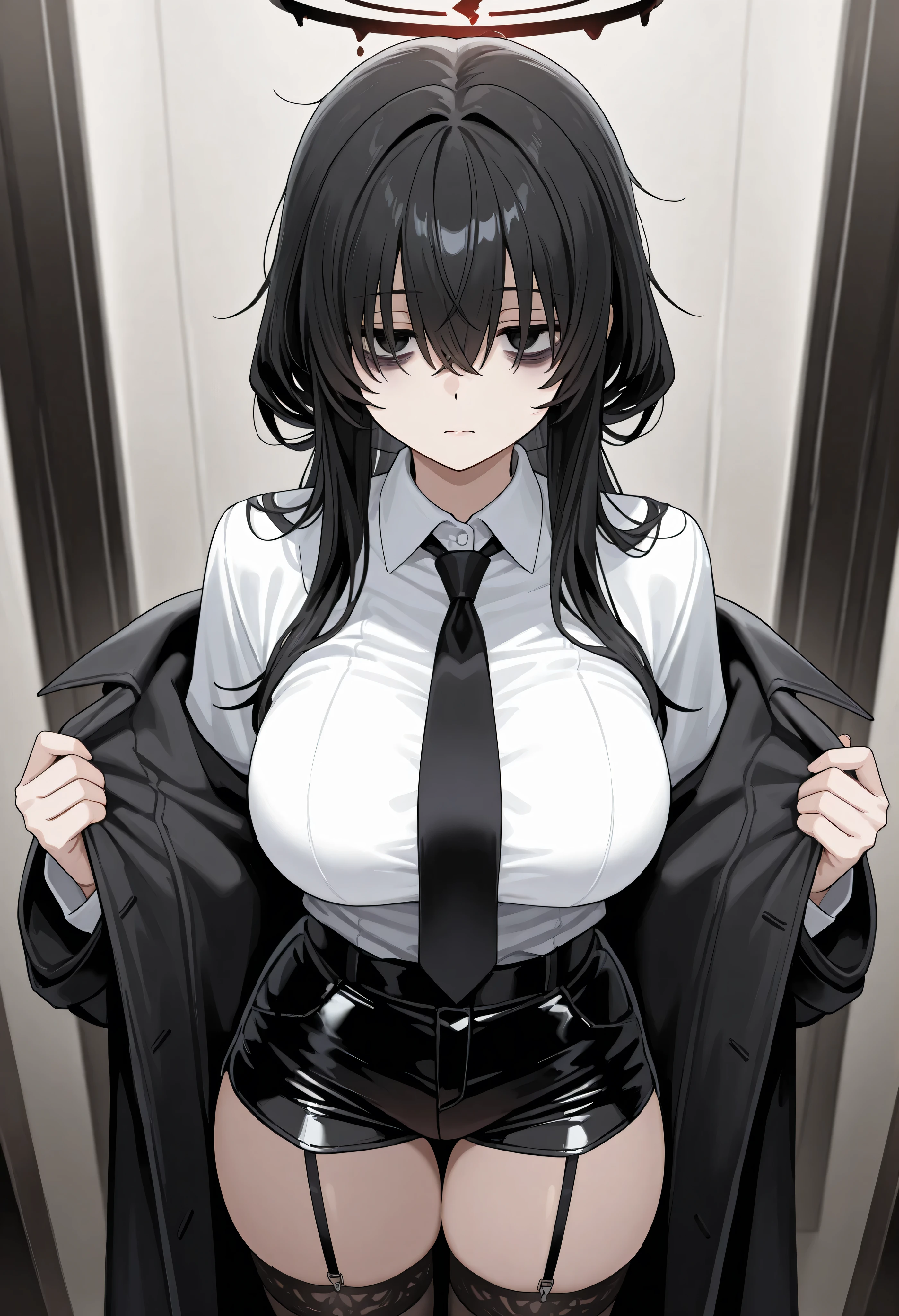 ((masterpiece, highest quality:1.3)),cowboy shot,25 year old beauty,solo,very small head,black hair,long hair,black eyes,blunt,skinny,medium breasts,long body,slender body,skinny,shiny skin,oily skin,Expressionless、Wear a black formal suit、Black tie、Black jacket、Black tight mini skirt、Japanese sword in its sheath、carry a Japanese sword、Shibuya Station、neon、at night、