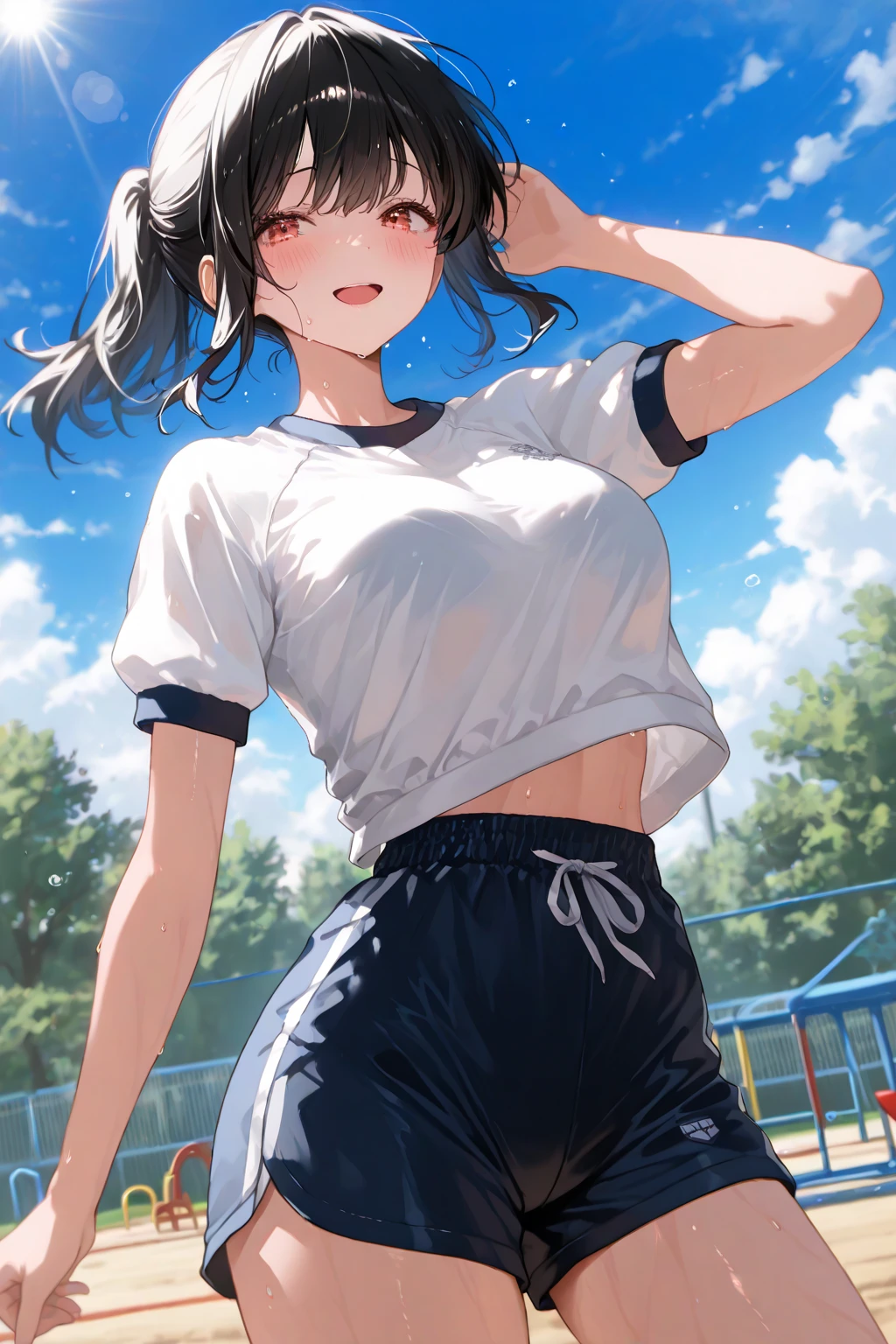 ((One girl)), masterpiece,Highest quality,High resolution、Sweat、Gym suit、White round neck shirt、Navy blue bloomers、Sportswear、smile、Small breasts、

