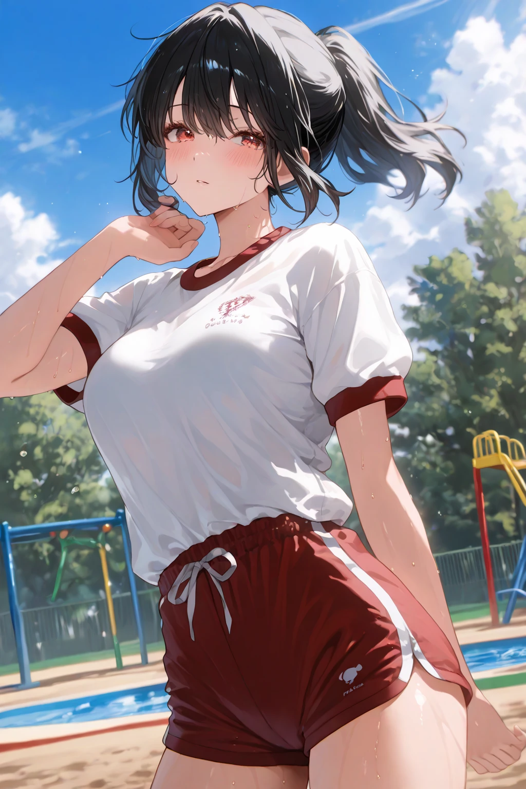 girl, big, gym clothes, wet, male boxer shorts in hand, sad, front door