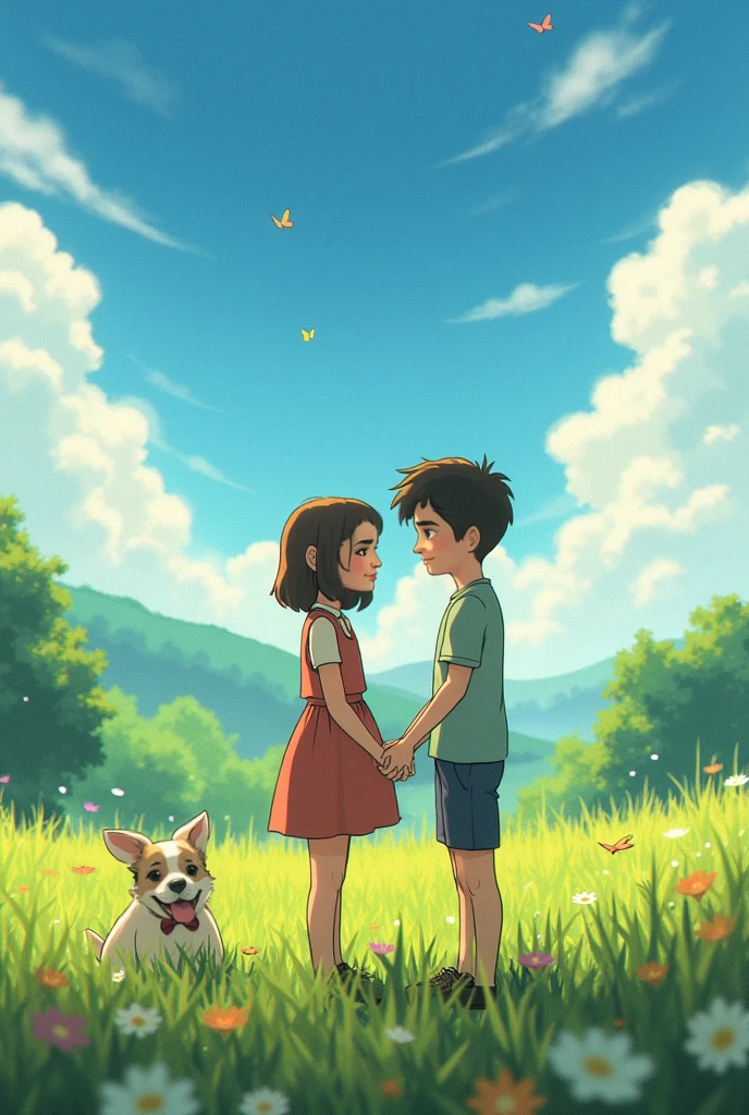 Of friends, a black-haired girl and a boy, both watching a sunset, and a brown stray dog