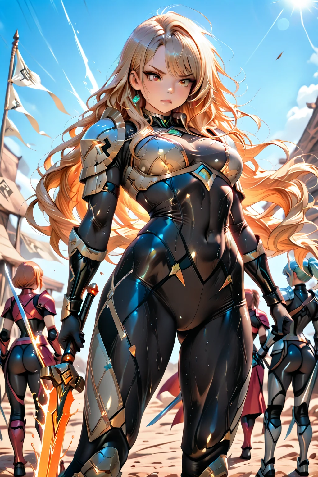 In an epic, new-generation anime-style rendering, a character known as "Fury" takes center stage in a cinematic desert landscape, brilliantly lit by warm, vibrant colors.Fury, a cyberpunk-inspired woman with a fearless and determined look, walks confidently across the expansive desert. Her futuristic attire and accessories, adorned with neon accents, are brought to life with intricate details in this contemporary anime style.As she strides through the golden sands, her every step creates a soft, animated trail of dust, accentuating the dynamic atmosphere. The warm glow of the desert night highlights the landscape's textured terrain, casting dramatic, elongated shadows.