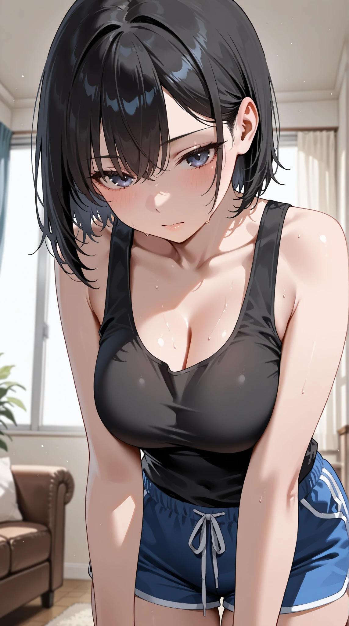 (masterpiece, 最high quality, 超High resolution, Very detailed), (Realistic:1.1, photoRealistic:1.4), Perfect illustration, Perfect lighting,Hair in perfect detail, Perfect and detailed face, Perfect collarbone, Perfect body,Juicy breasts, Perfect Thighs, Beautiful feet, View your viewers, 1 Girl,Perfect Face, (Perfect Anatomy, Anatomically correct), Symmetrical face、((Shiny Hair)),Sexy Body、(masterpiece),(最high quality：1.3),8k,Very clear,(Ultra-realistic),,Captivating woman,(high quality, High resolution, Fine details), Realisticなスタイルの女性,Juicy breasts、One perfect woman、Perfect Face、Symmetrical face、Baby Face、((Large Breasts))Cleavage、belly button、blush、((Juicy lips))、Cowboy Shot、((Short black hair))、((Large, double-set black eyes、Long eyelashes))、((Red makeup))、((Sweaty body))、(((Tank top)))、(((Tight leggings)))、(indoor、Glass Room)