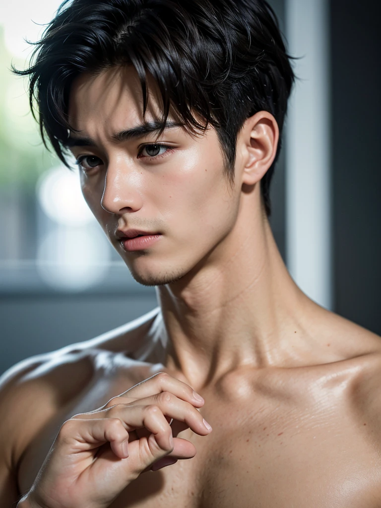 ((best quality)), (detailed), perfect face, HOMEM COREANO, SEM CAMISA, rosto bonito, PEITO MUSCULAR, volume na cueca, protuberance, grande, futurista, Corpo magro, rouco, magro, big nice protuberance, lindo ator coreano, poses sensuais, sensual, blushing red makeup, red lips, white pale skin,