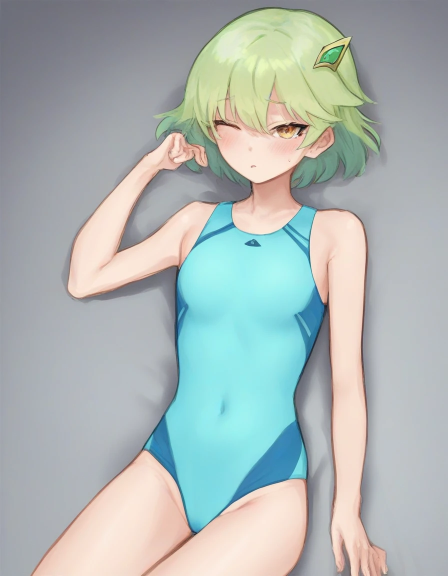 1 girl, cute, young, green hair, bob haircut, green eyes, competition swimsuit, thigh high,