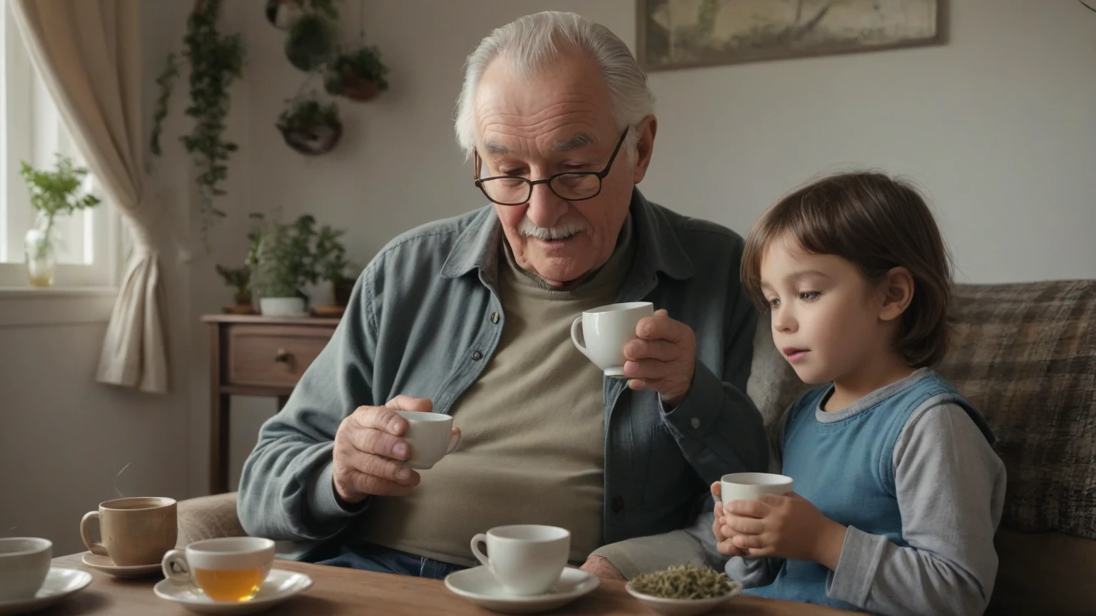 In the morning, the sun is fresh An old man and a small child are eating breakfast,There are milk eggs on the white table