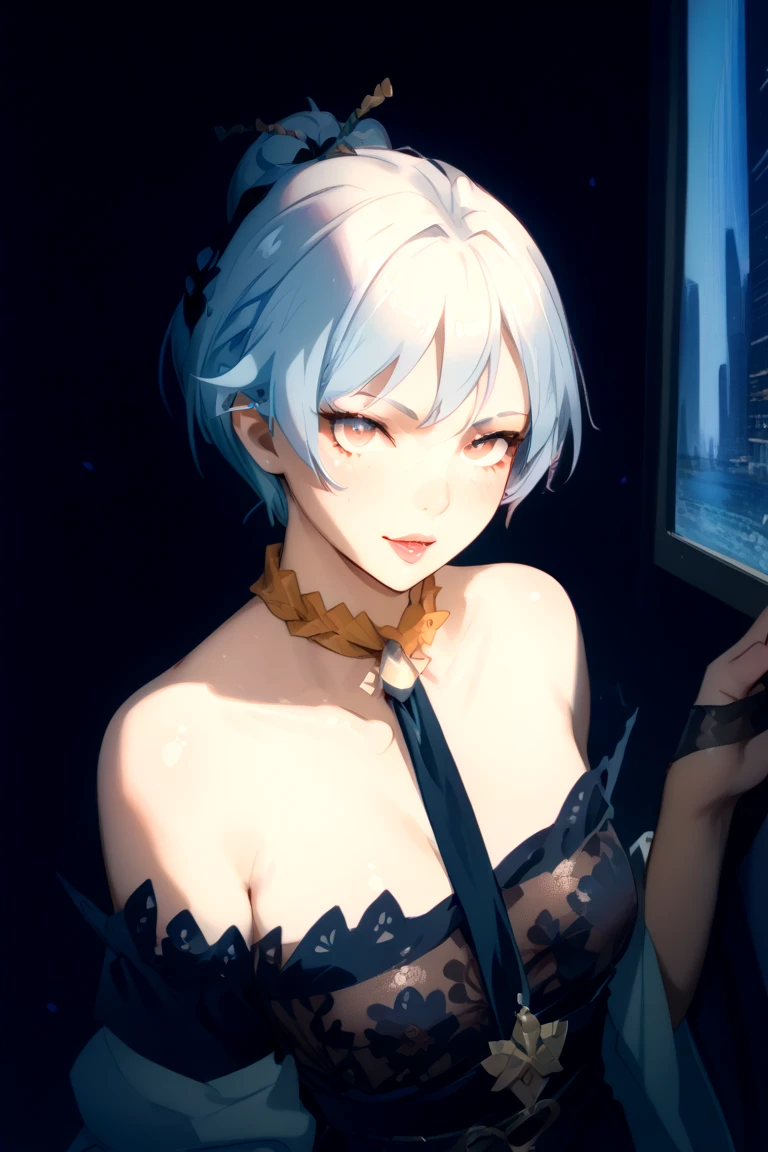 anime girl with blue hair and a black top posing for a picture, a detailed painting by Kamagurka, pixiv, process art, scales covering her chest, blue scales covering her chest, aqua from konosuba, scales on her chest, , anime moe artstyle, anime goddess, ayaka genshin impact, white hair, blue eyes, x hair ornament,