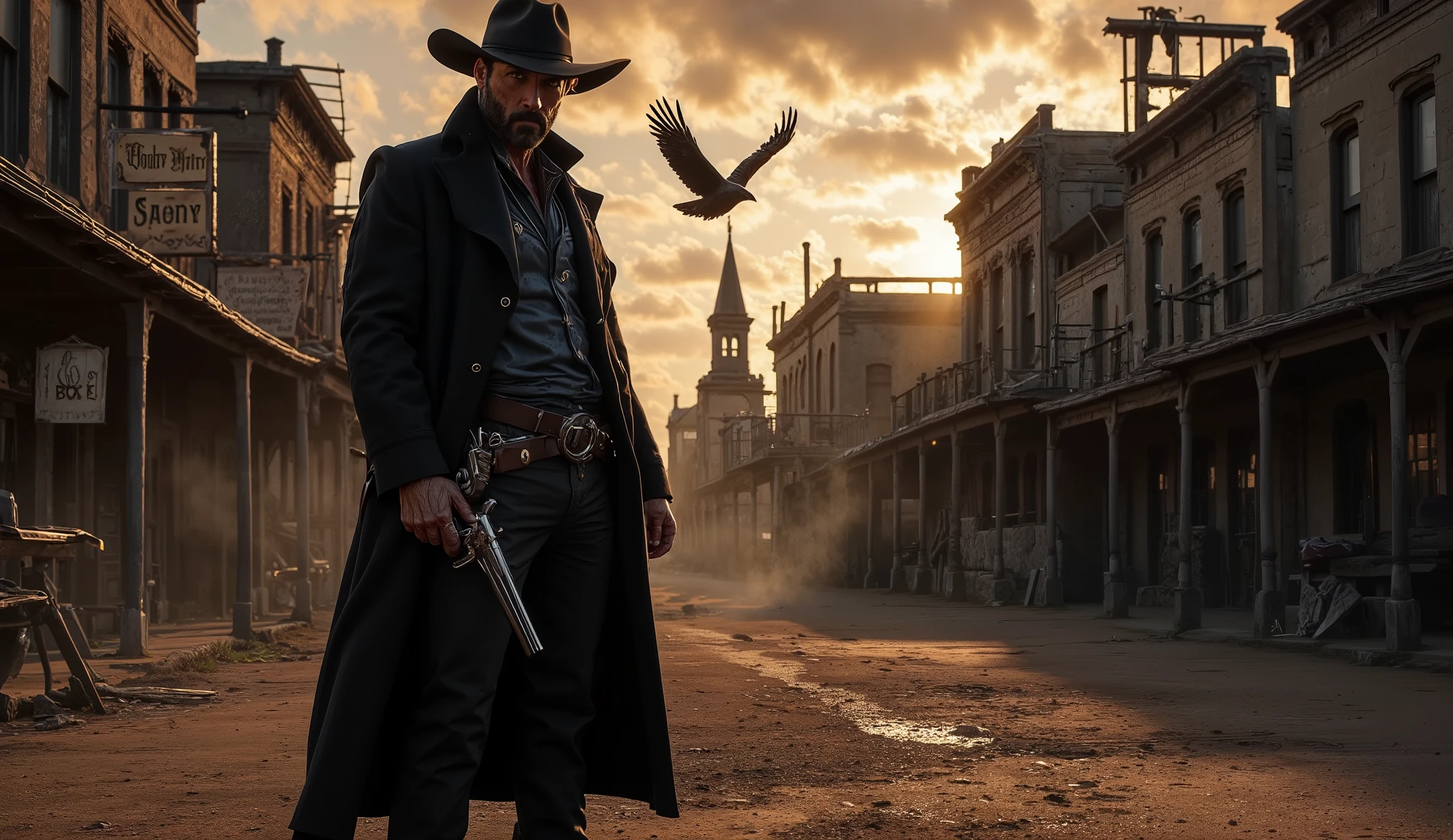 Ultra-realistic cinematic scene in 16:9 format, wide-angle shot. A lone cowboy with a long black coat and weathered hat stands at the edge of a dusty street in a ghost town at sunset. His silhouette is framed by the golden-red sky behind him. His hand hovers above a worn revolver, tension in his posture. Broken saloon signs, empty buildings, and distant smoke hint at chaos. In the far background, a buzzard flies low over a church steeple. The atmosphere is heavy, dramatic, and silent — no text, pure storytelling through light, shadow, and mood. Style: gritty realism, cinematic lighting, western noir, dramatic composition.
