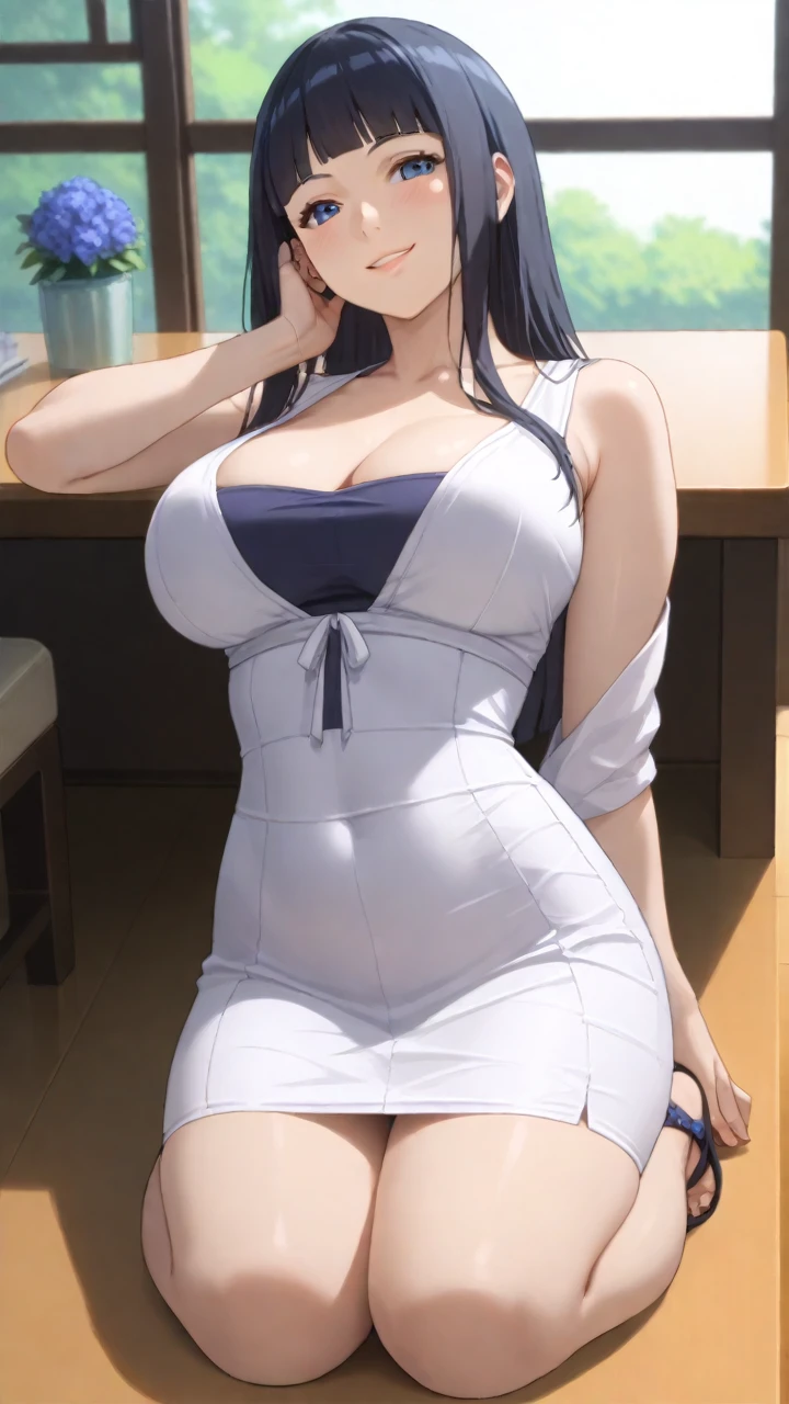 ( the feet,Bare legged,thighs thighs thighs thighs:1.2), 1girl, cherry trees, a smile, Hair intake, jaket, Look at the viewer, Sketched、sleeveless、Sleeveless jacket、huge tit、a smile、独奏、portlate、((​masterpiece))、Hinata,darkblue hair,length hair