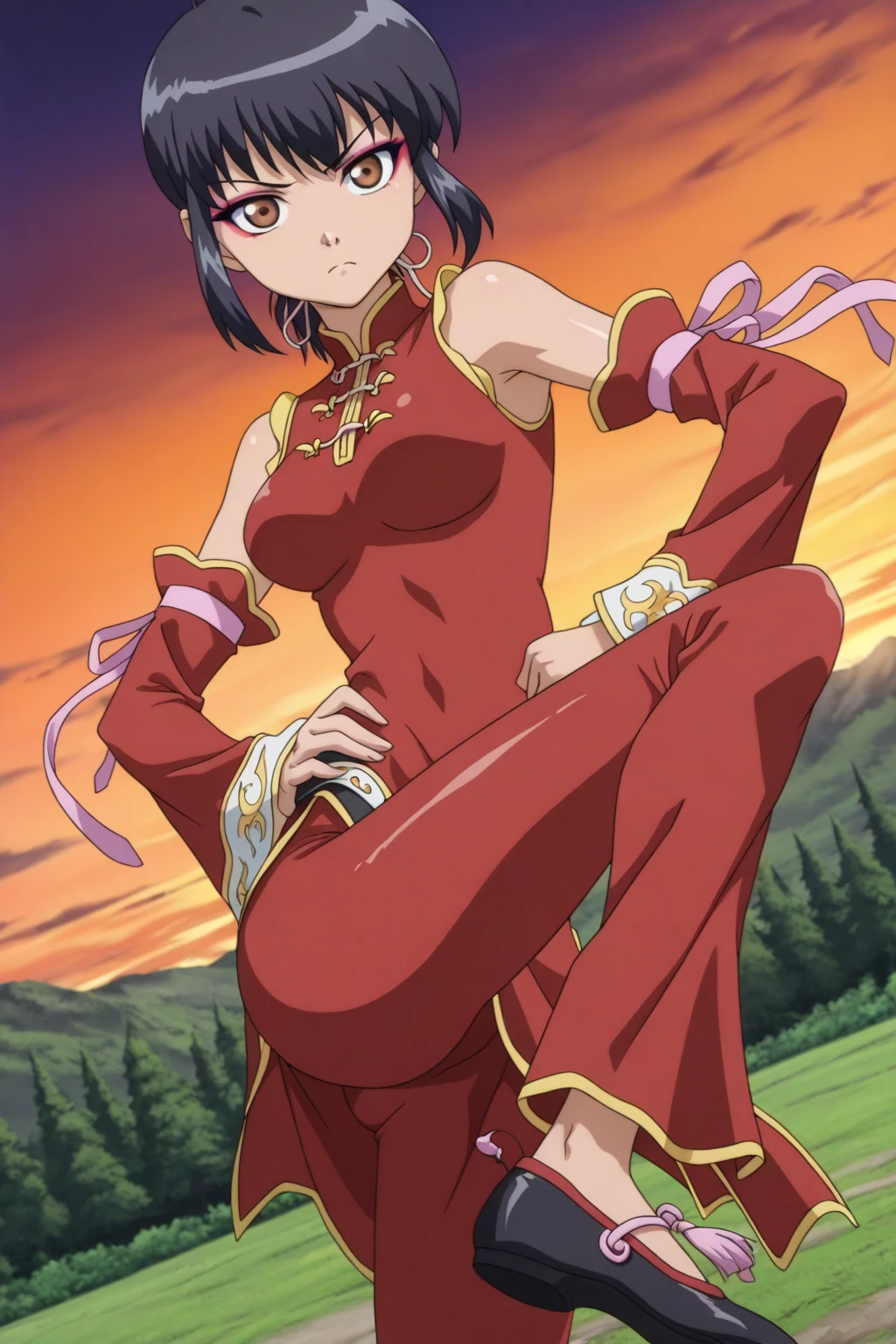 lilith (megami paradise), megami paradise, 1girl, solo, short hair, torn clothes, torn legwear, 1990s \(style\), full body, sitting