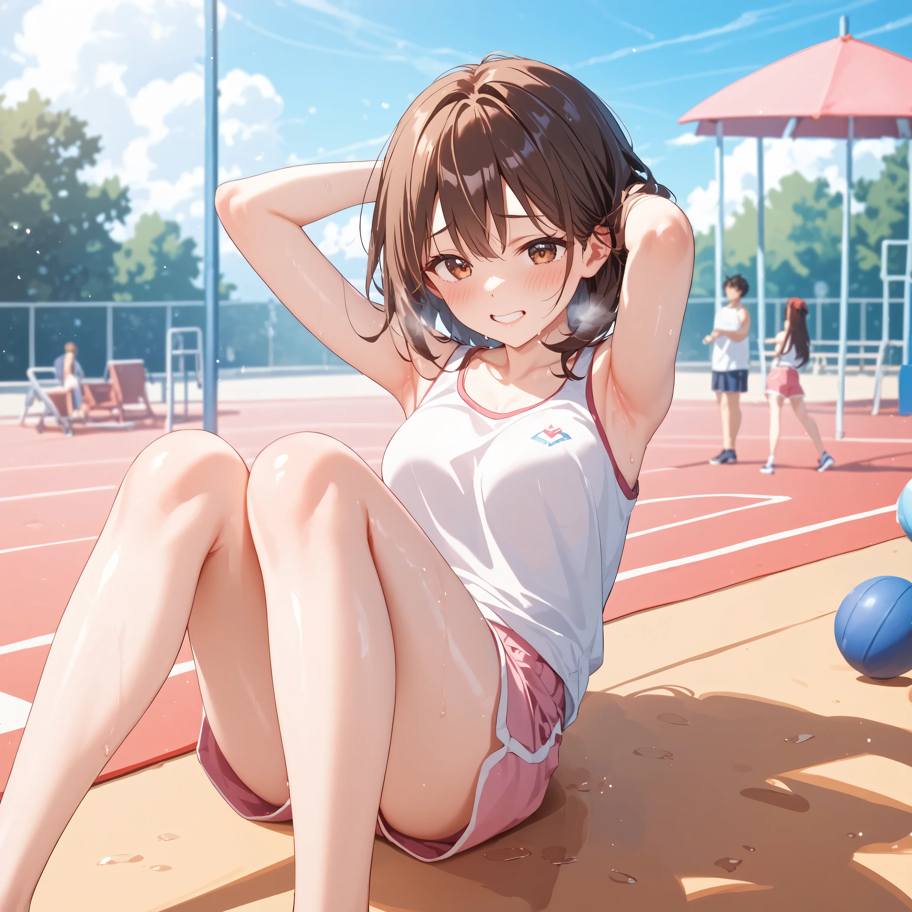 1 person、Full Body、medium chest、shiny skin、Blush、sweating、rough breathing、armpit、thighs、dark brown medium hair swimming、brown eyes、white tank top、pink shorts、hands behind head、 sit up、lower the corners of mouth、teeth、Full Bodyが震える、息painful、painful、school playground、ground、Games