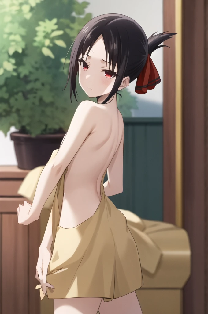 best quality, (masterpiece:1.2), detailed,20 years old,
shinomiya kaguya,
1girl, solo, closed mouth,
black hair, red eyes, short hair, folded ponytail, hair ribbon, elegant bra, red ribbon,
standing, looking at the viewer, medium breasts,((upper body)), healthy skin