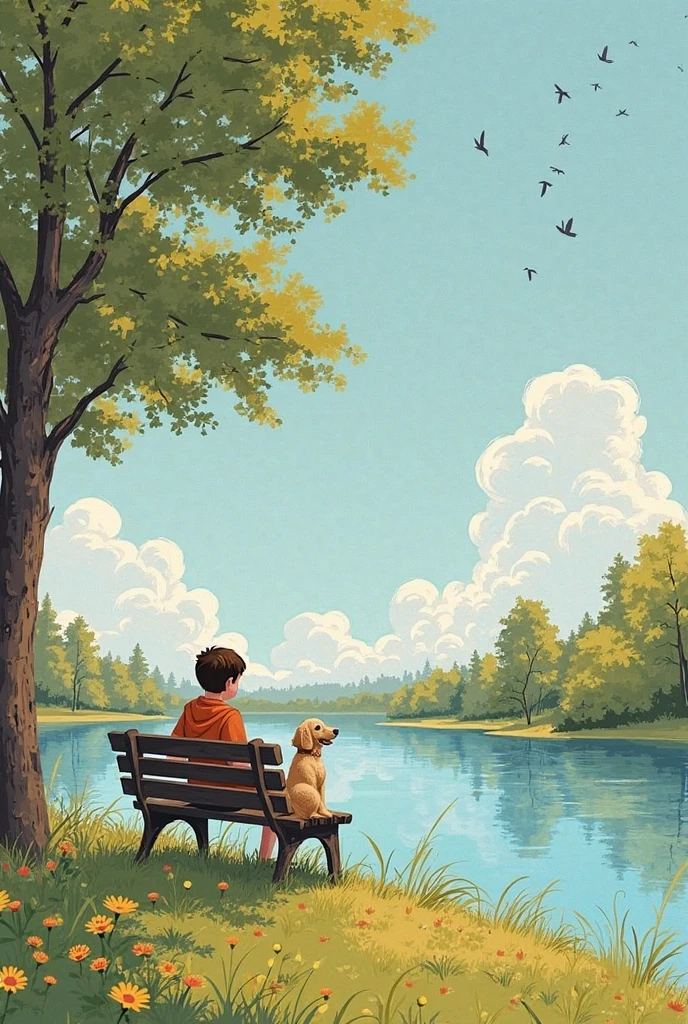 

---

"The Bench by the Lake"

On the edge of a quiet town, where the trees whispered secrets to the wind and the lake mirrored the sky like glass, there was a wooden bench. It wasn't much — old, a little crooked — but it was special.

One summer morning, a boy named Liam sat on that bench, sketchbook in hand. He loved to draw the world around him — birds in the sky, ripples in the water, even the ants that marched across the bench’s armrest. But today, he was stuck. His pencil hovered, his page blank.

Then came Ava, walking her dog, a scruffy golden retriever named Benny. Benny, being far more curious than polite, tugged at his leash and darted straight to Liam, knocking his sketchbook to the ground.

"I'm so sorry!" Ava said, chasing after him, laughing as she tried to rein Benny in.

Liam smiled. “It’s okay. He just gave me an idea.”

She tilted her head. “For what?”

“A story in a picture. About a wild dog who steals ideas from artists,” he said, grinning.

Ava laughed. She sat beside him, Benny flopping between them. “I like stories. Especially ones that start with chaos.”

From that day on, they met at the bench almost every morning. Liam sketched, Ava brought books, and Benny brought mischief. As summer passed, so did their quiet friendship grow — like the lily pads that slowly spread across the lake.

One day, as leaves began to blush red with fall, Ava handed Liam a notebook. “It’s empty,” she said, “but I think it’s time you wrote your own story.”

He opened it, smiled, and wrote the title on the first page:

“The Girl, the Dog, and the Boy Who Couldn’t Draw Until He Did.”

