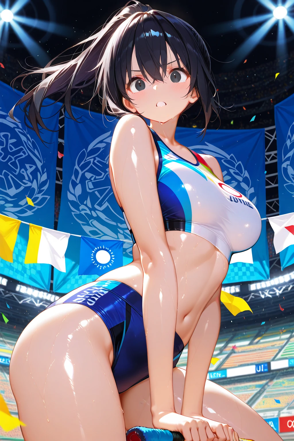masterpiece、ultra-quality、ultra-detailliert、Perfect drawing、独奏、girl with、((Cute swimsuit))、Competitive swimsuit((High Leg Cut 1.5))、(round and big buttocks)、((Pose with buttocks sticking out))、(((bulging bust top)))、red blush:(0.2)、perspiring、{{{sunburn marks(1.5)}}}、(Cheerful smile)、18year old、blue-sky、cumulonimbus clouds、glowing sun、Swimming pool、stadio、(Shot from diagonally below the back)、beatiful backgrounds、Accurate drawing、Detailed drawing