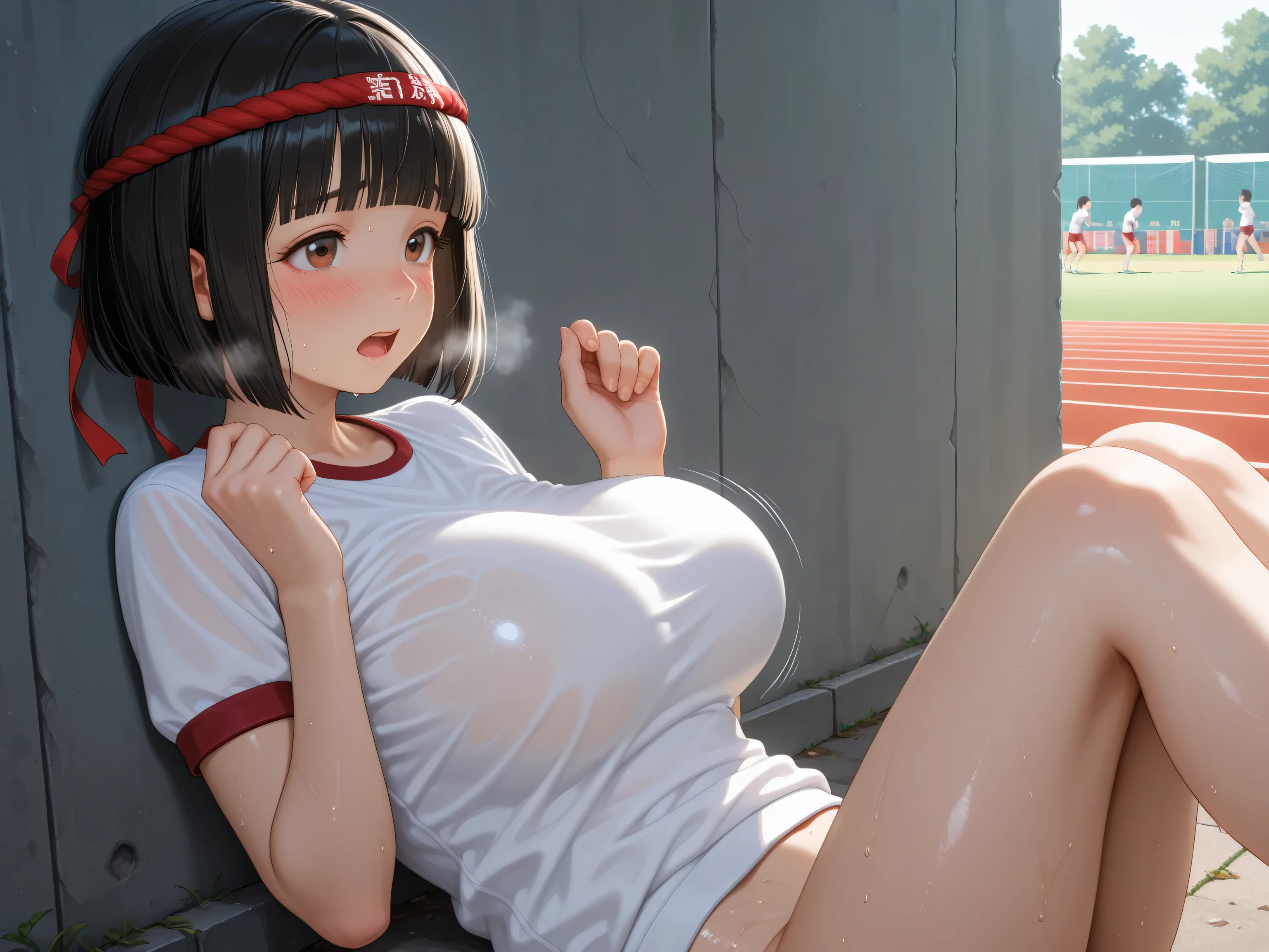 (((masterpiece, highest quality:1.2))),cowboy shot,16 year old beauty,solo,dark brown hair,short bob hair,brown eyes,blunt,skinny,medium breasts,shiny skin,oily skin,sweat,shy,tears,Heavy breathing,  BREAK  school gym clothes、White short sleeve T-shirt、Red Ringer Neck, school gym red buruma、Sneakers、　BREAK   、squatting,incontinence、peeing、In the shade、Playground backyard、During practice、Daytime、