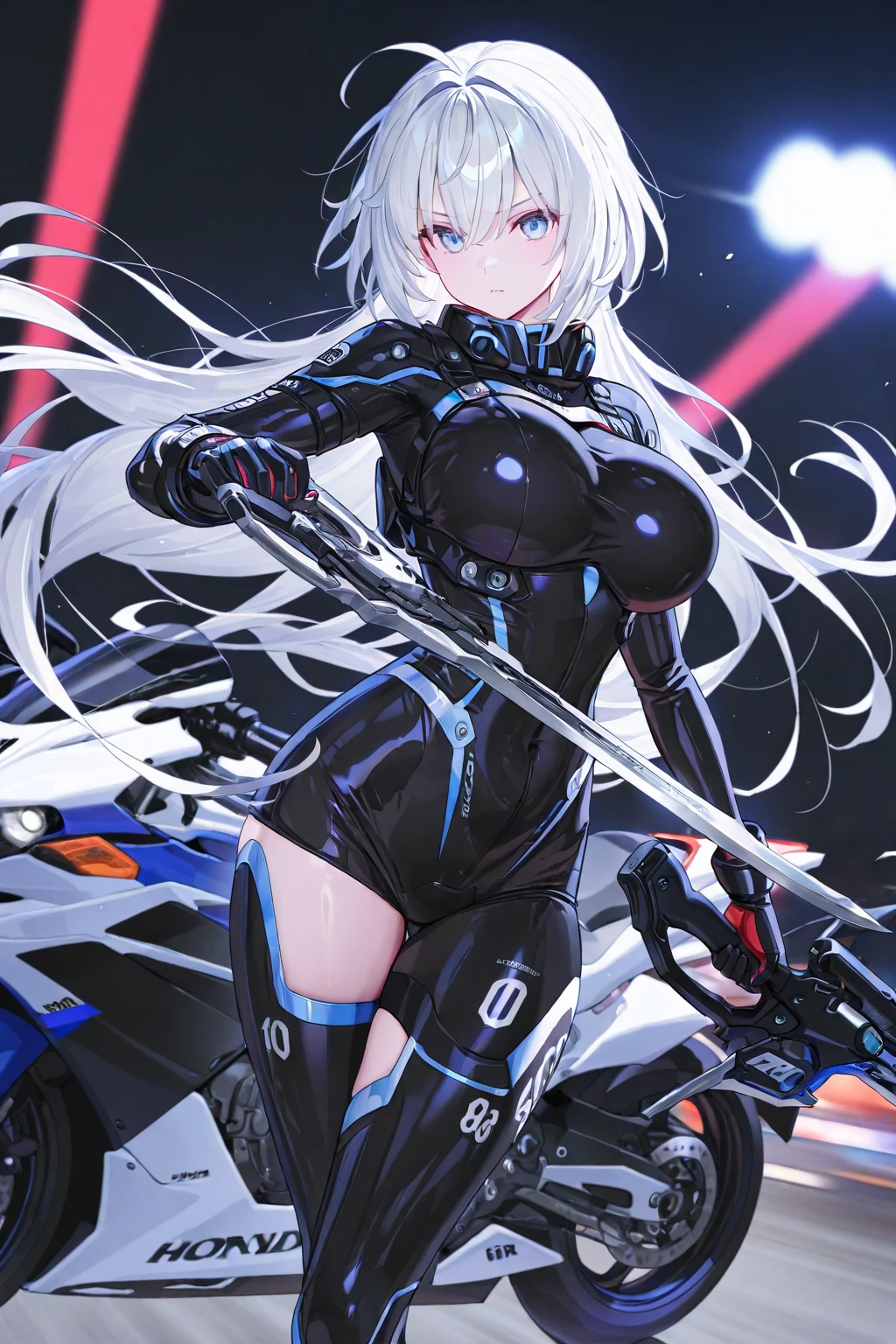 One Girl、cute、Silver Hair、Long Hair、Mecha Girl、future worldview、Gun of the Future、High Frequency Blade、Strengthen the outer frame、White leotard、sexy、Big Breasts、Sideboob、Hair floating in the wind、Future City、Fighting pose、whole body、Purple eyes、Bangs、Waterfront、Wet、water droplets