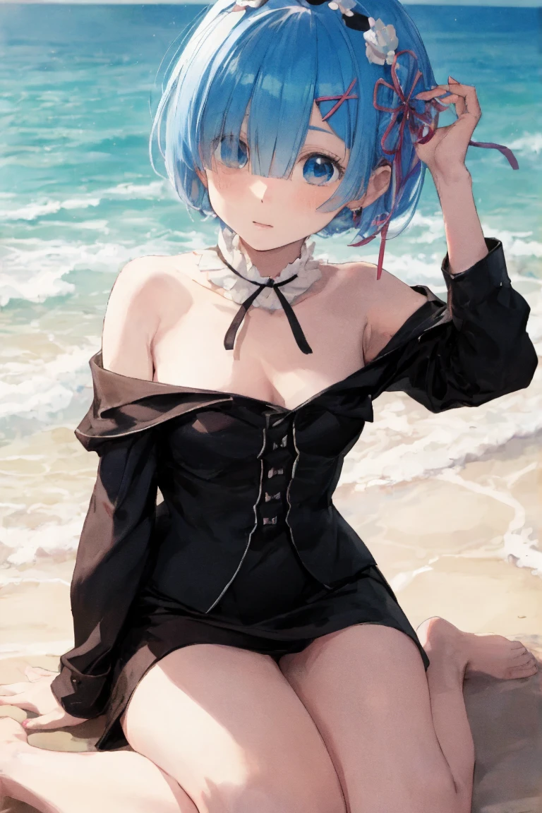 closed_eyes, {rem(re:zero)}, short hair, hair ribbon, hair over one eye, ((Medium_breasts)), (aqua, gradient, transparent water, see-through, torn dress), {fantasy, underwater, background},