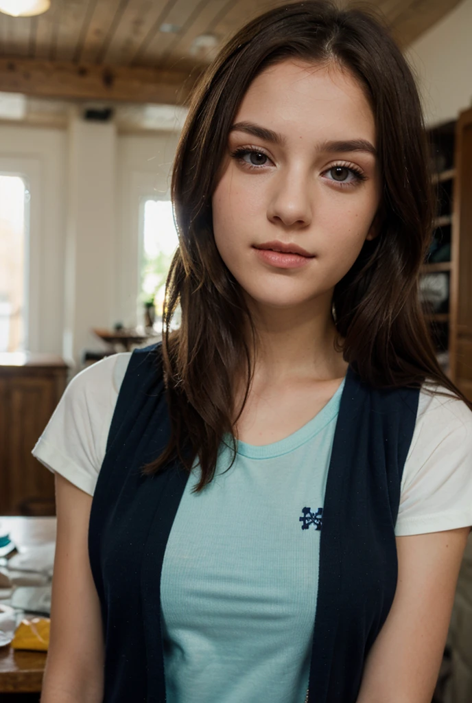 Photo oF a 15 year-old American girl, .crudo, beautiFul woman, (Long brown hair with ponytail.), light brown hair ponytail hairstyle((retrato)), ((Cara detallada:1.2)), ((Detailed Facial Features)), (Piel Finamente detallada), pale skin , ojos azules , 、un sexy(cold color), wet, wet, ReFlectoreasutepiece) (proporciones perFectaotos realistas)(La mejor calidad) (Detallado) FotograFiado con una EOS R5 de Canon, lente de 50 mm, F/2.8, NFFSW, (8k) (papel tapiz) (cinematic lighting) (dramatic lighting) (sharp Focus) (Enrevesado) senos grandes , pechos grandes , pecas en mejillas , cuerpo completo , hermoso cuerpo de adolesente , posando sexy a la camara , posando de Frente para la camara ,lindo maquillaje , gran sonrisa , labios abiertos , Fondo variado , traje de vaquero color negro