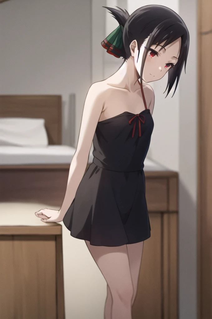 high tail hairstyle, Ponytail hairstyle, Long wavy black hair, standing posing, anime girl style, pixel art anime style,penetrating look with deep eyes,red and purple eyes, hair with a ponytail hairstyle trapped with a big red bun, Women, red hair clips, x color shaped hair clips , smiling face blush, next to his bed , lingerie, maid outfit, Black hair, mini skirt, showing my ass to the camera, maid, big thighs, big ass