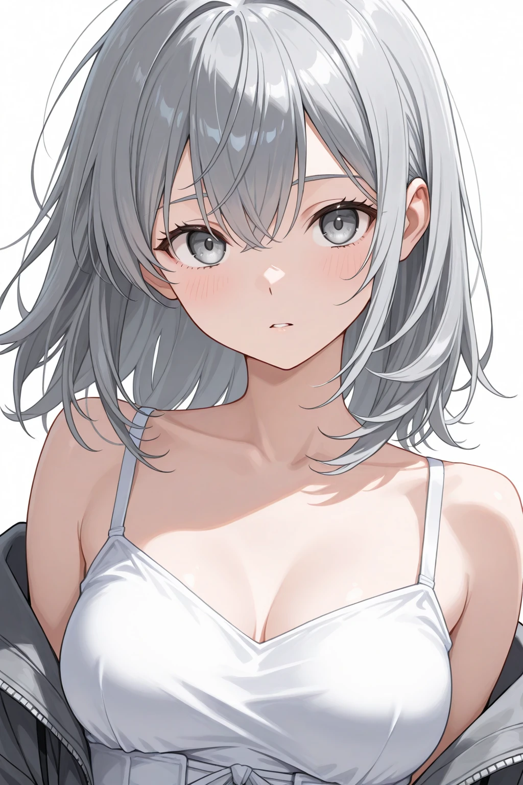 (((head out of frame))), Anime girl in lingerie takes selfie with mobile phone,, wearing bra, one hand on own chest, lifted by self, white background, white background, fashionable and trendy atmosphere, Revealing clothes, feet out of frame, white skin, anime style, solo,  Kantai Collection Style,