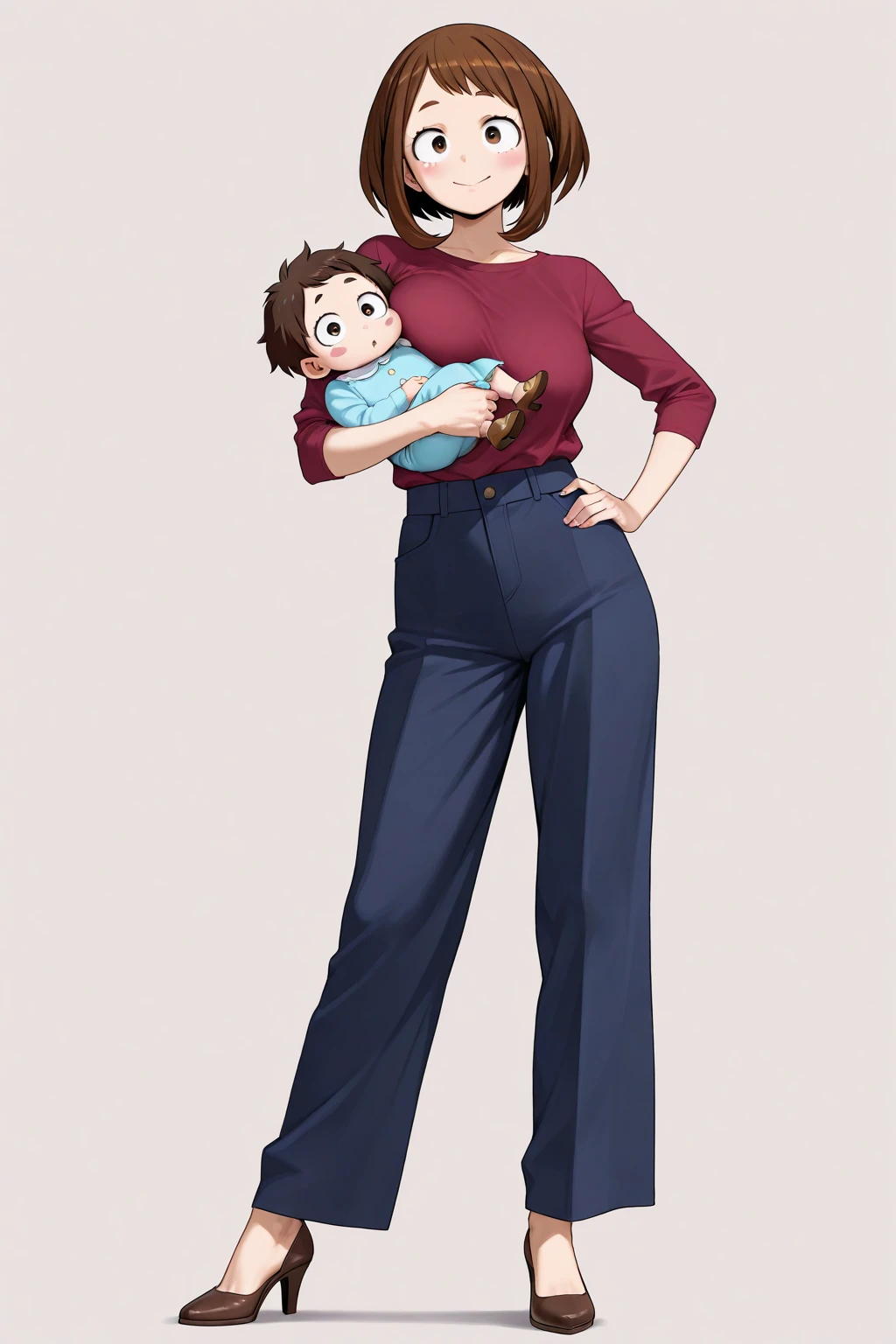 1 chico, 1 girl, mature woman, mother and son, child, hug, smile, hand on head, down on my knees, masterpiece, Best Quality, leotard blue, long sleeves, white gloves, Gray belt, medium breasts