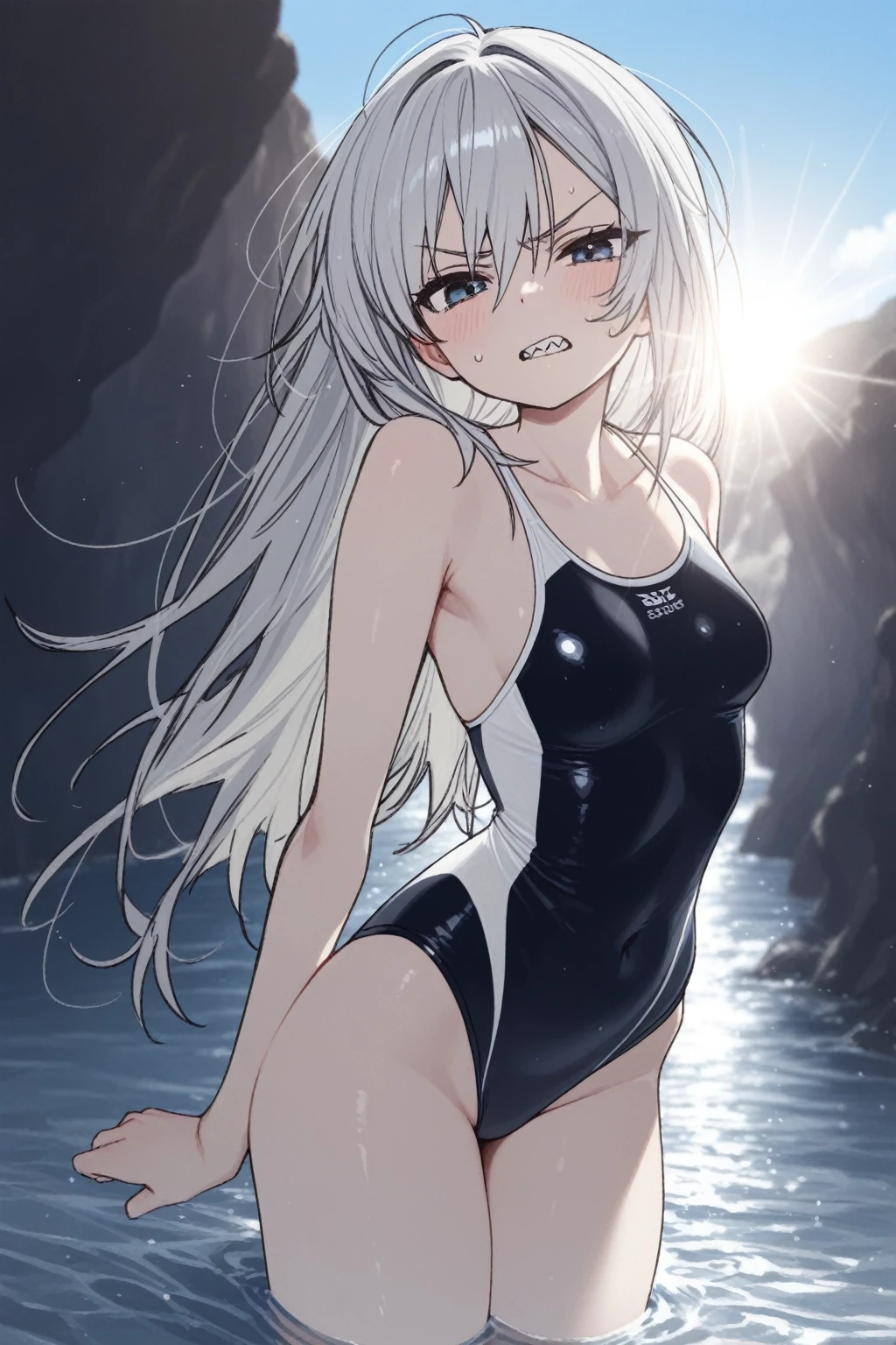 Screenshot of My hero academia Woman with long white hair and light blue eyes ,She is wearing a black bikini,She has a small waist and beautiful body,It is near a pool and it is nighttime,has a serious expression.