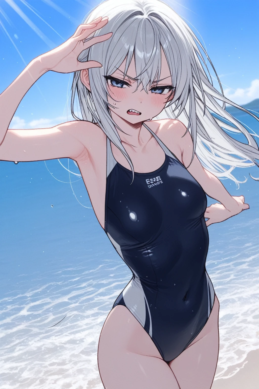 highest quality、Realistic、Silver Hair、Light blue eyes、Long Hair、One piece swimsuit、Tanned black body、A well-trained body、muscle、athlete、Tan Skin、Brown black skin、slender、boyish、Sweat、smile、Ocean、Cowbo Shot