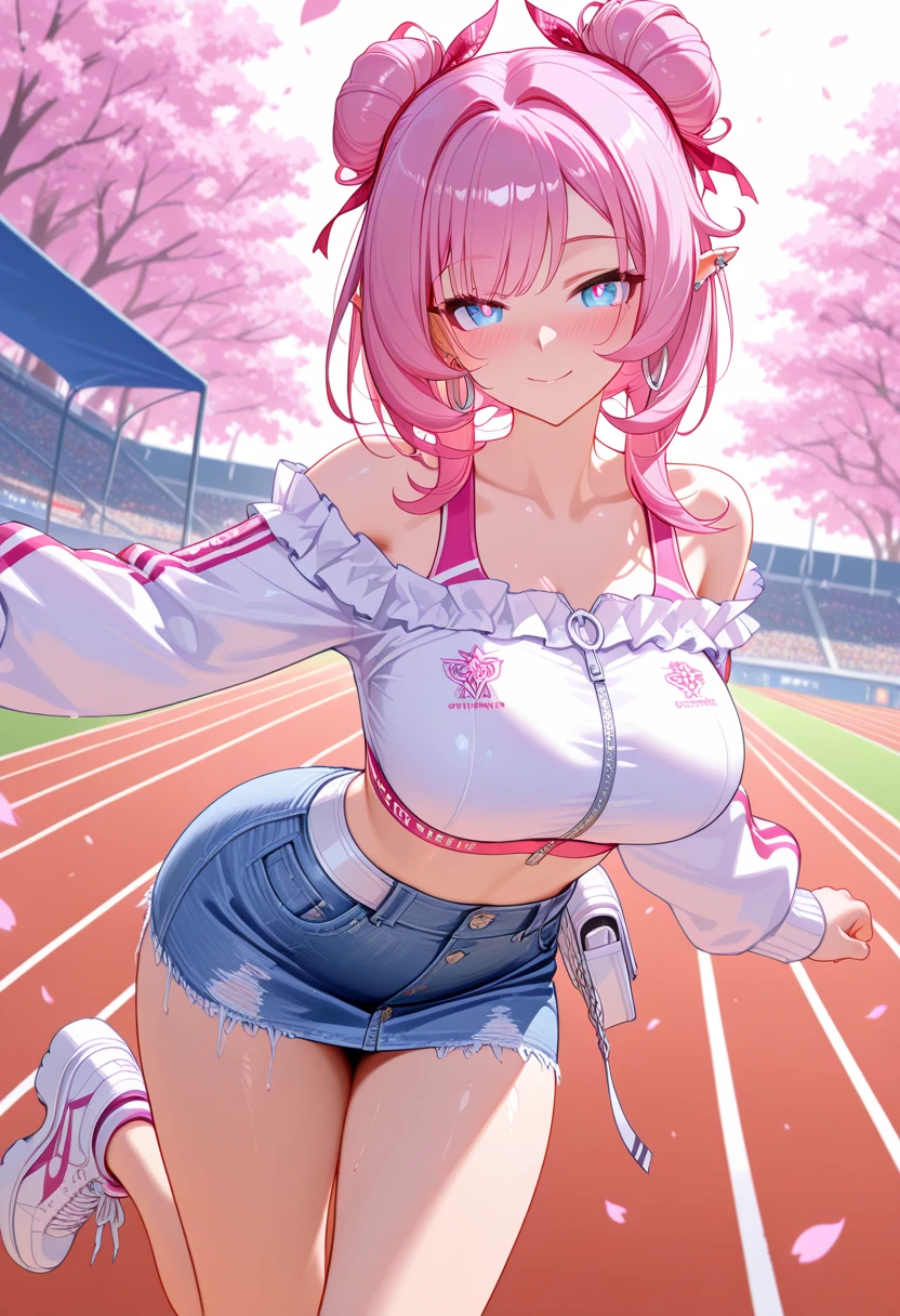 muste piece、masterpiece、highest quality、Super detailed、High resolution、8K portrait、High definition CG of Unity 8k wallpaper、cute type little:1.5、Lori:1.5、Highly detailed CG unity 8k wallpaper、Realistic、real person、 portrait photography、shiny skin、High definition、(16 years old:1.2)、(1 girl)、beautiful clear eyes、extremely detailed description、delicate face、nice lips、slender body、fl chest同 thin waist、thin legs、(Atlantic stadium track:1.6)、1 girl, cute type, perfect face, seriously, (blush:1.5),(pink hair twintails:1.3),(flat chest:1.4),((short sleeve gym clothes:1.2)),((clothes lift:1.5)), ((half nude:1.3)),((?????? in vagina:1.5)),(looking at view:1.2),(from front:1.2),gran,(hand behind head:1.5)